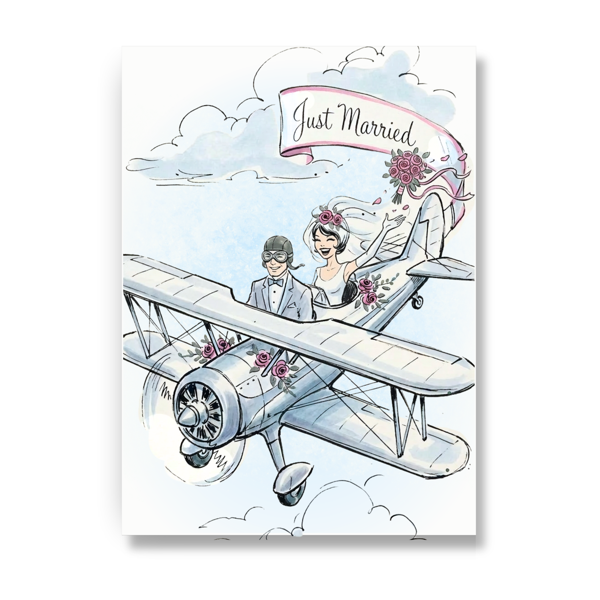 Vintage wedding greeting card with bride and groom flying in a biplane with Just Married banner trailing behind.