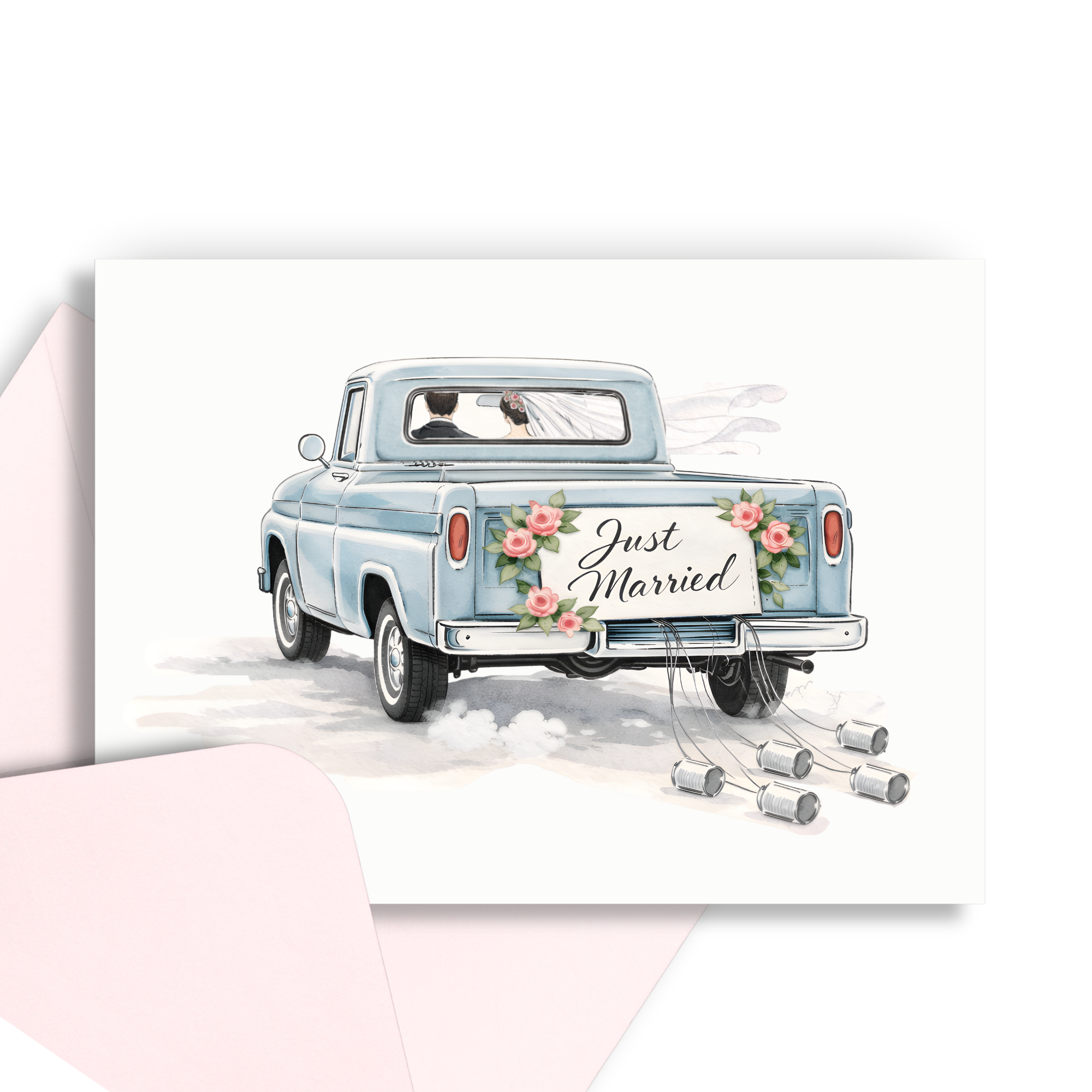 Wedding congratulations card with bride and groom driving away in just married vintage pickup truck with roses and tin cans with a coordinating pink envelope.