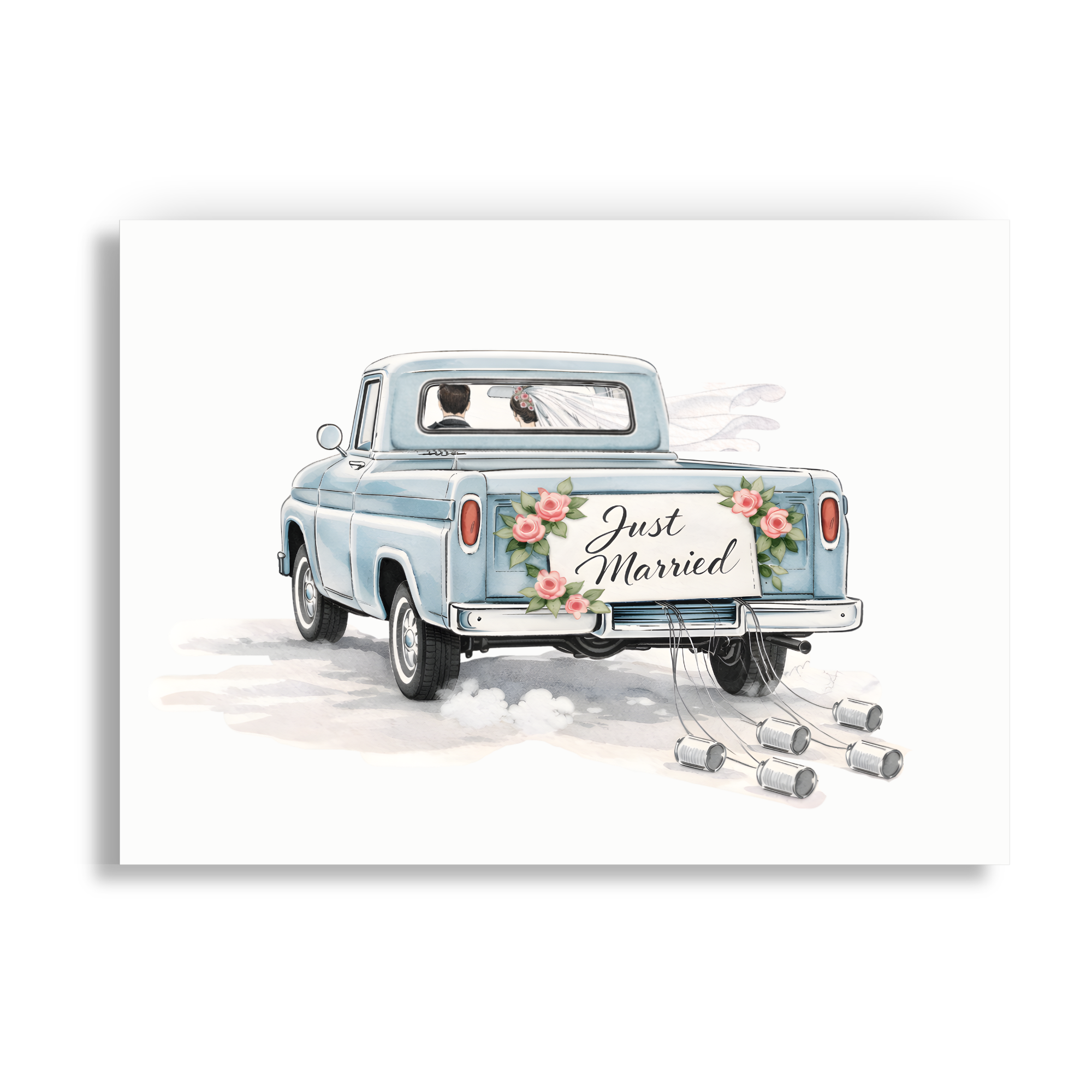 Wedding congratulations card with bride and groom driving away in just married vintage pickup truck with roses and tin cans.