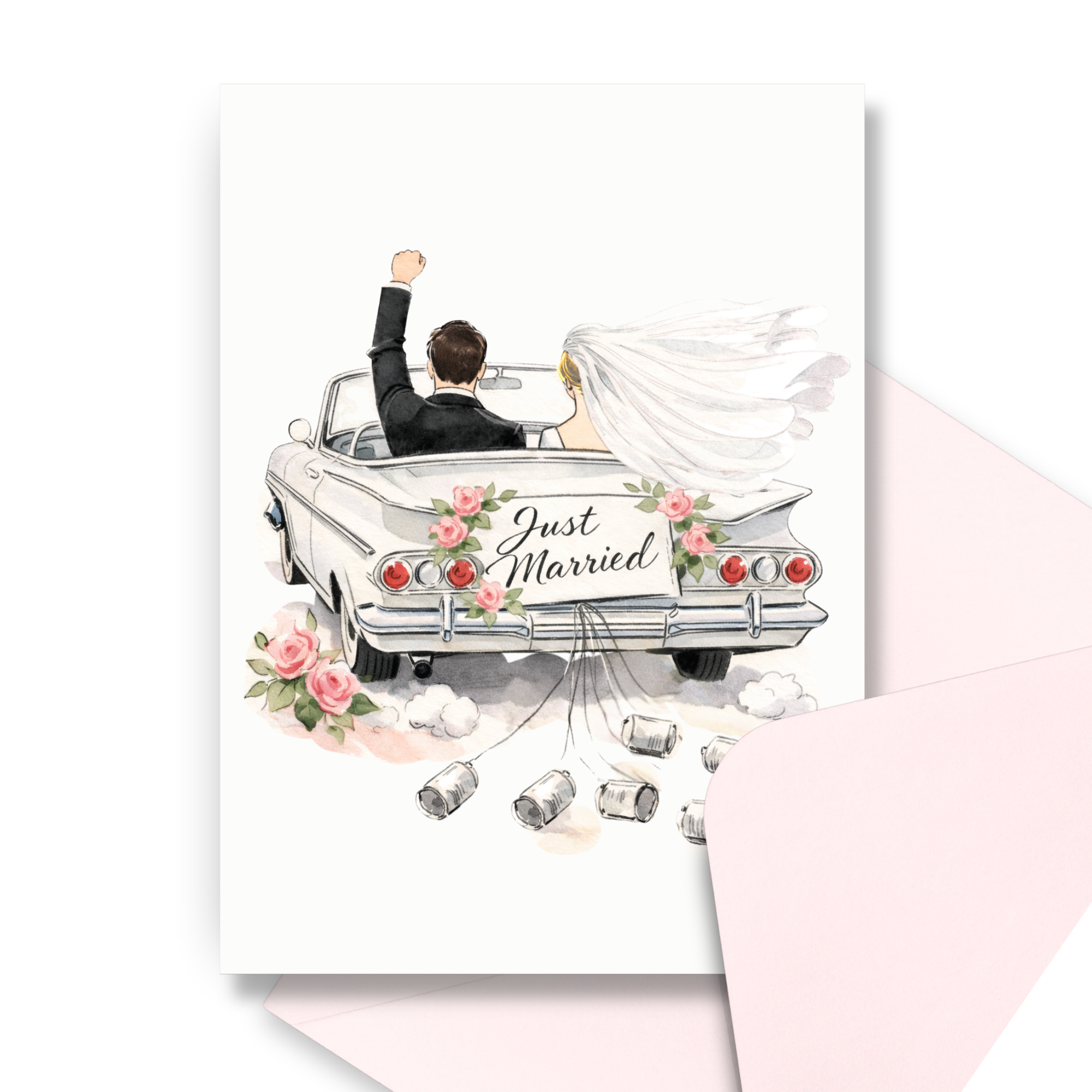 Wedding congratulations card with blonde bride and groom driving away in just married vintage convertible with pink envelope
