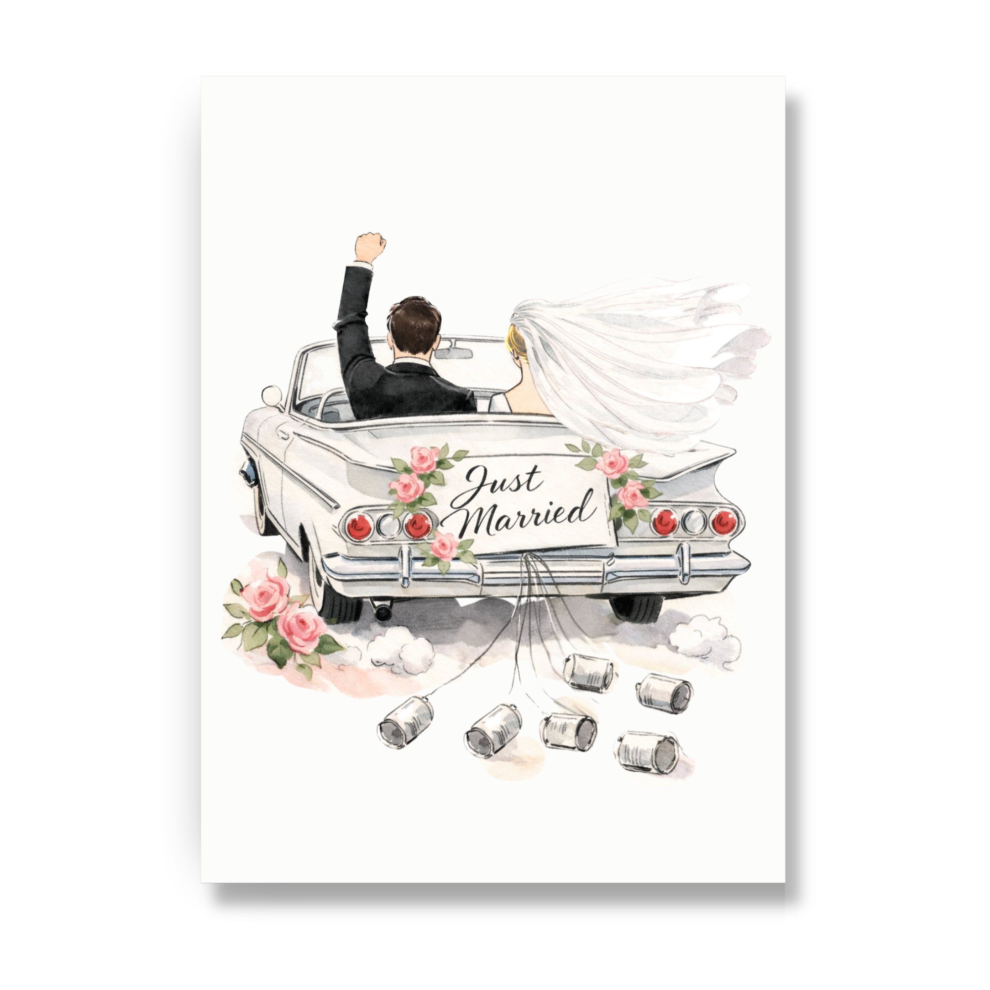 Wedding congratulations card with blonde bride and dark hair groom driving away in just married 1960s convertible wedding car.