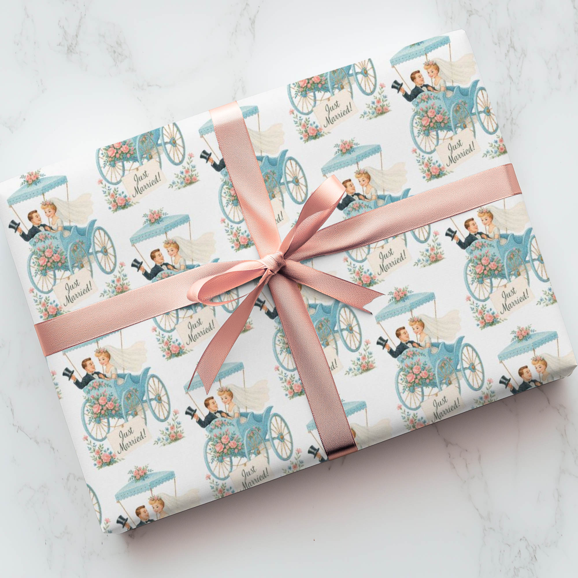 gift wrapped in vintage theme wedding wrapping paper featuring a bride and groom making a quick getaway in their carriage with a sign that says "Just Married"