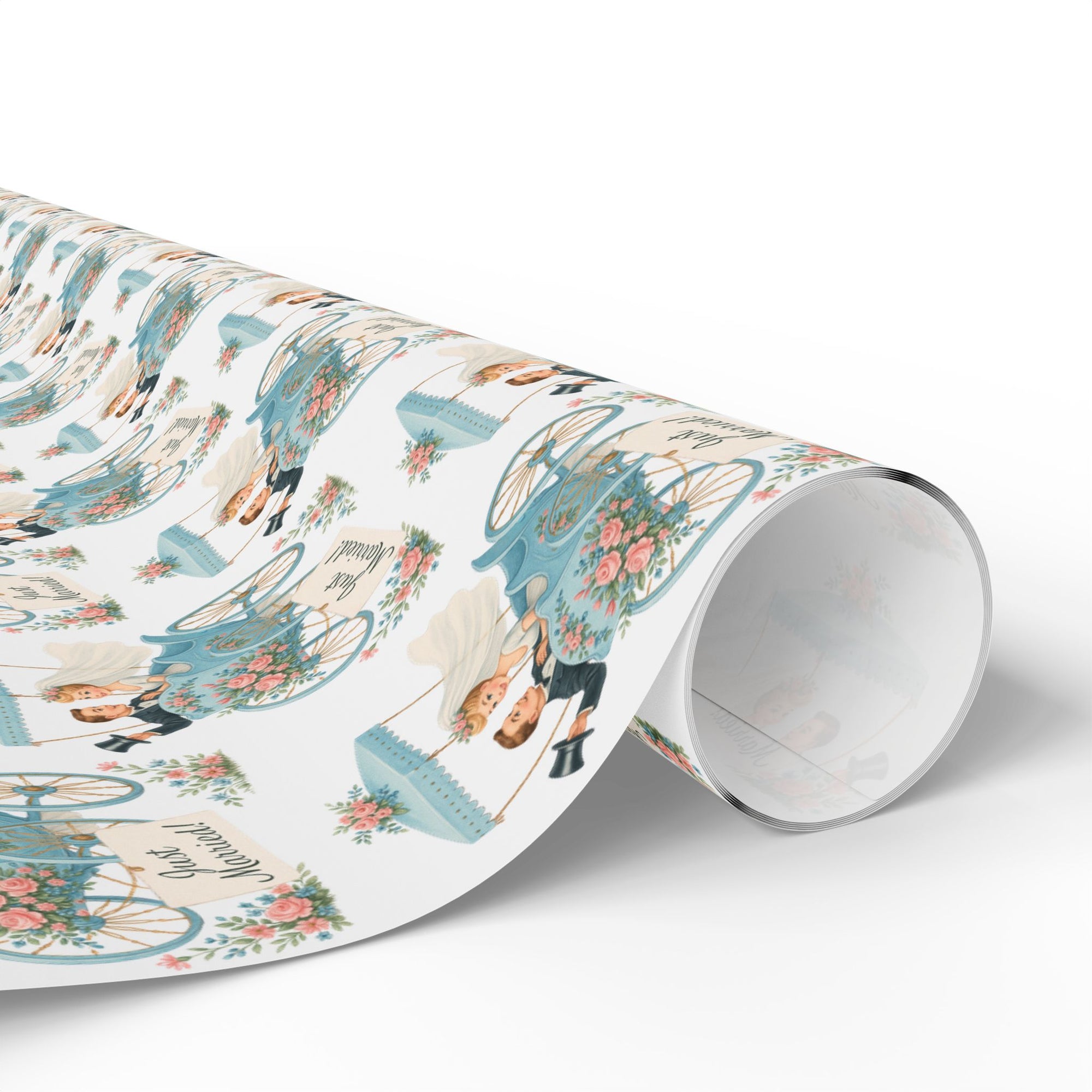 wedding wrapping paper roll featuring a bride and groom making a quick getaway in their carriage with a sign that says "Just Married"