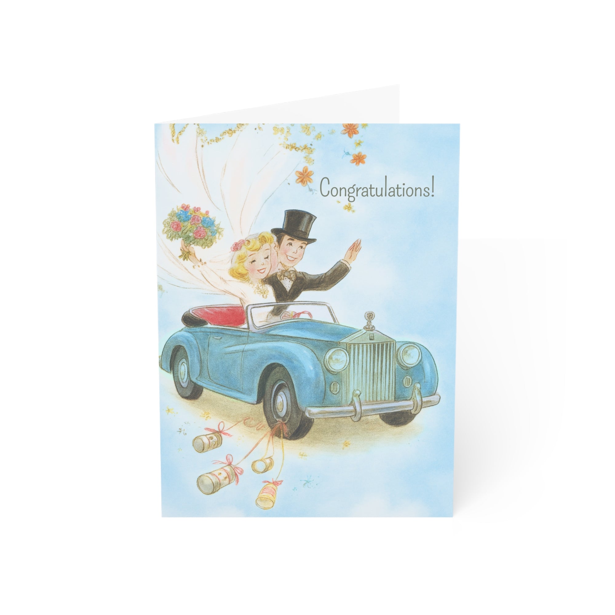 newlyweds in a vintage rolls royce with text that says Congratulations