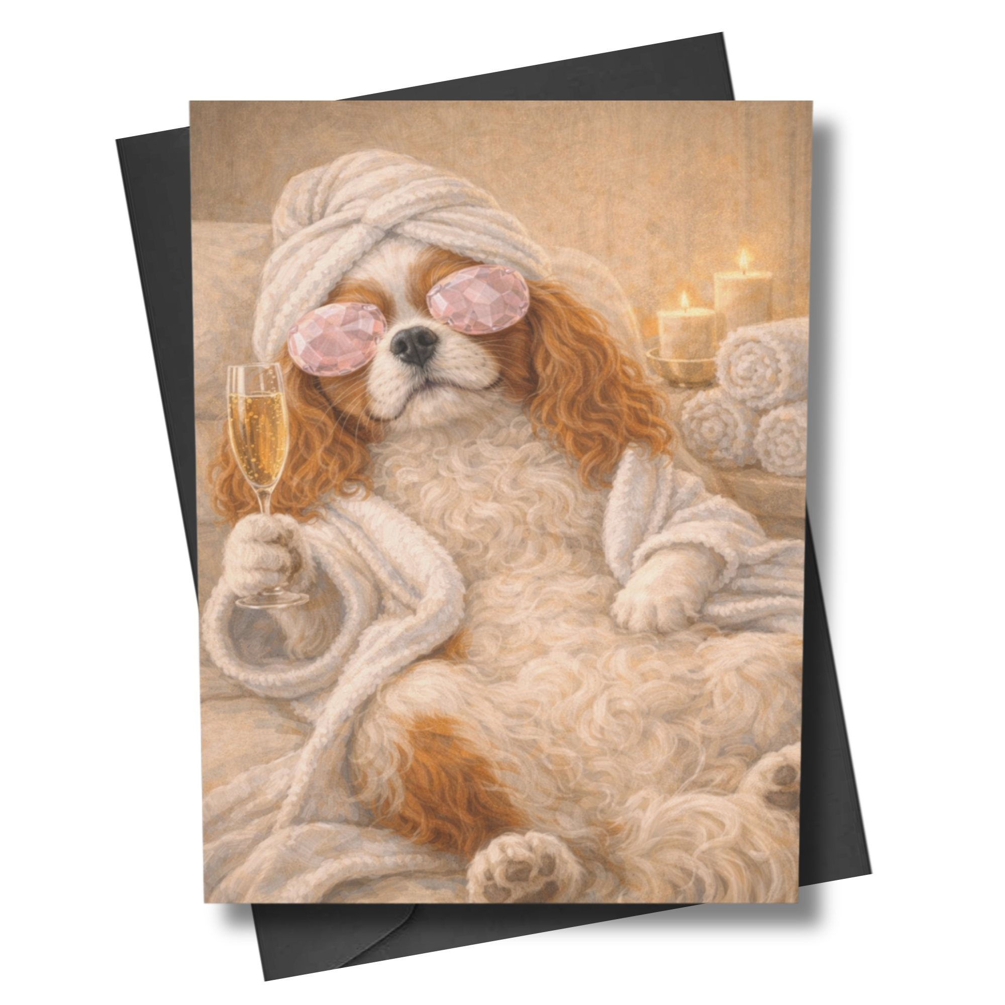 Greeting card with a Cavalier King Charles Spaniel in a spa setting, holding a glass of champagne.