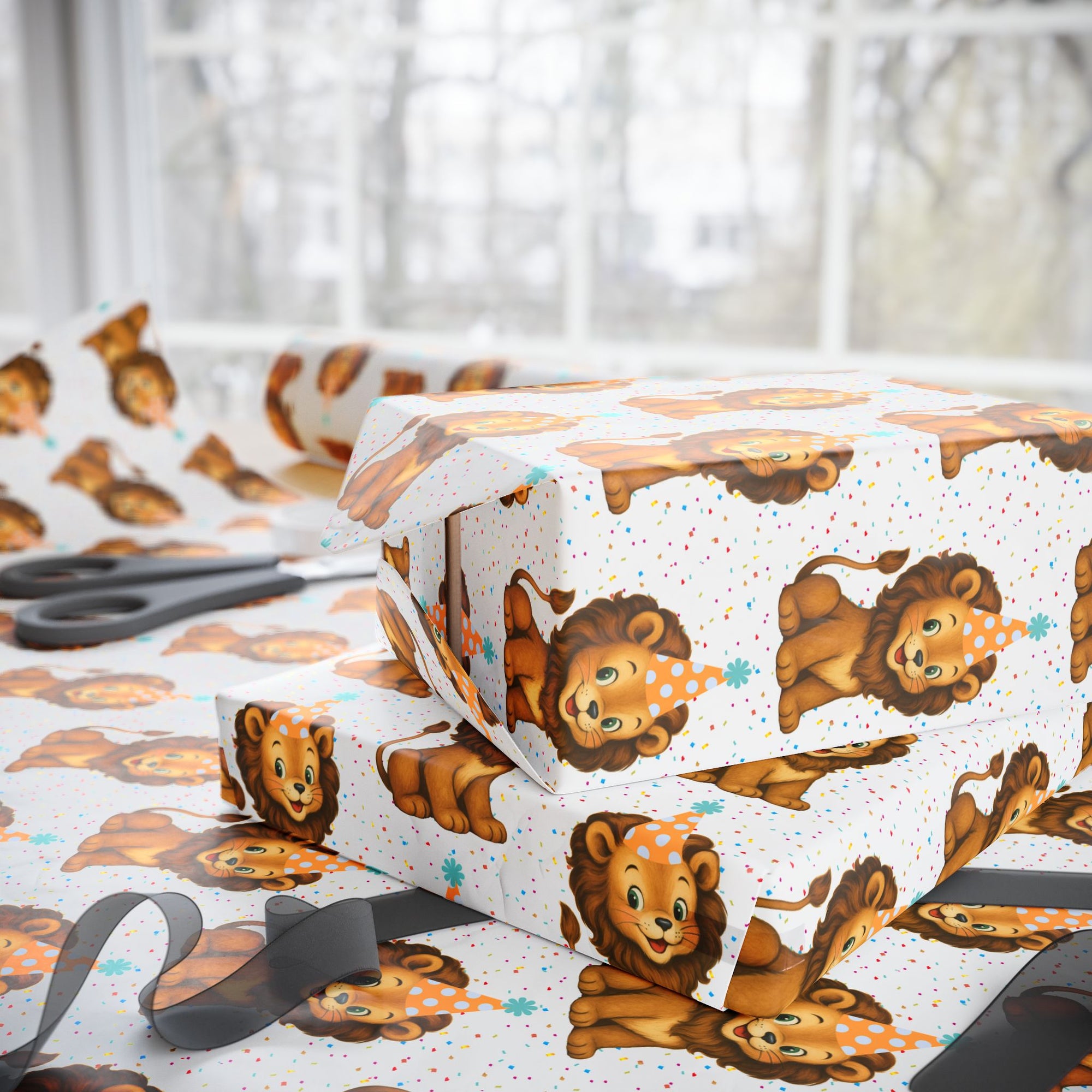 Birthday wrapping paper featuring a retro lion wearing party hat on a white background.