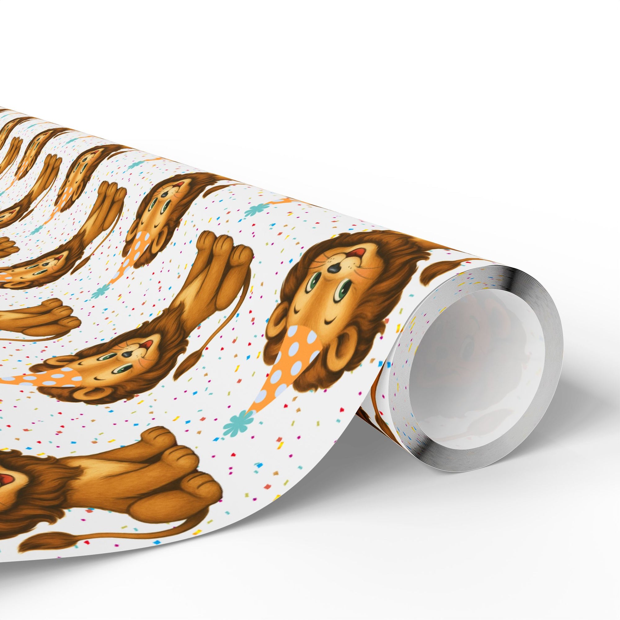 Birthday wrapping paper featuring a retro lion wearing party hat on a white background.
