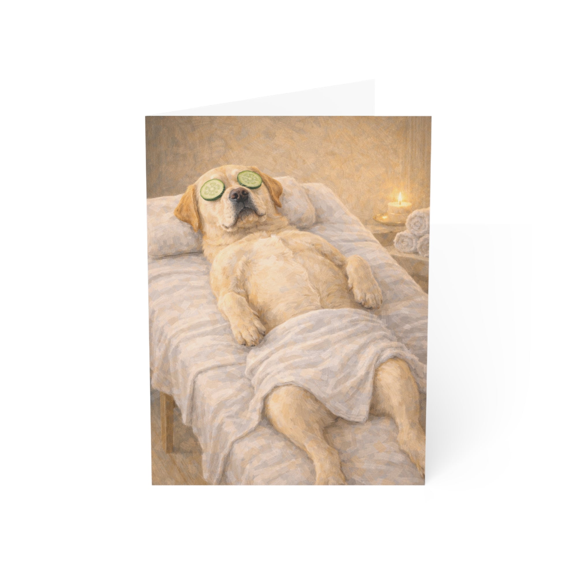 greeting card featuring a labrador retriever dog with cucumbers on eyes and a towel draped over it, lying on a massage table.