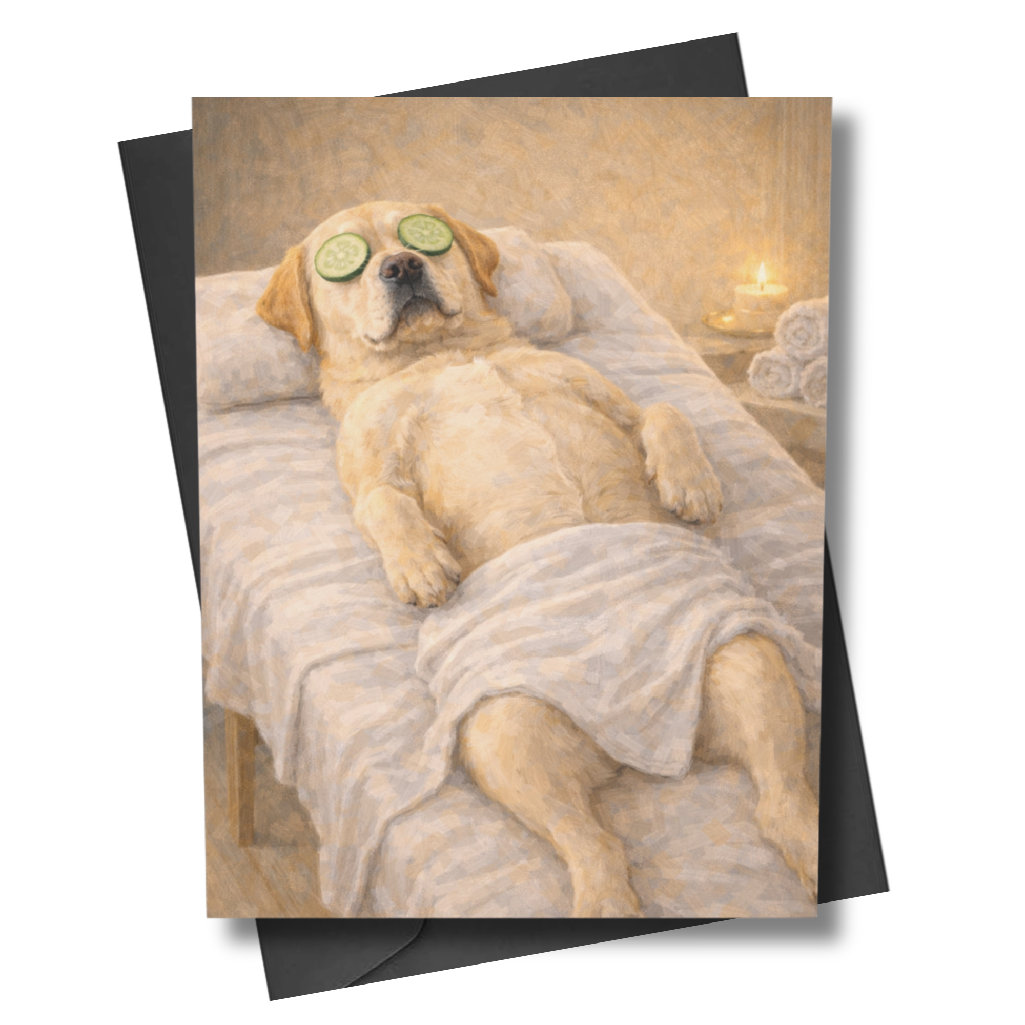 Card with a labrador dog relaxing in a spa setting, wearing eye masks.