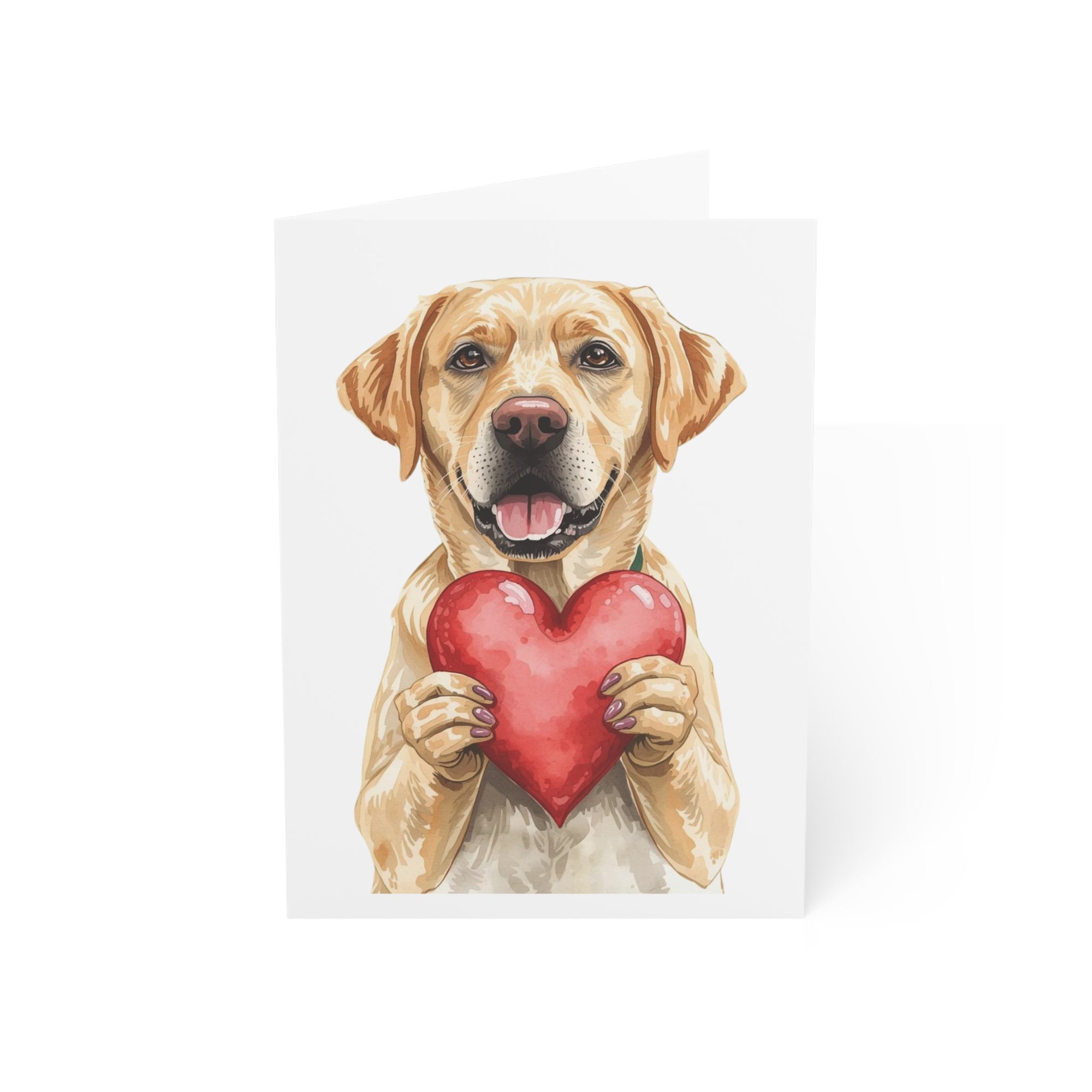 Illustration of a dog holding a red heart on a white background