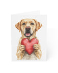 Illustration of a dog holding a red heart on a white background