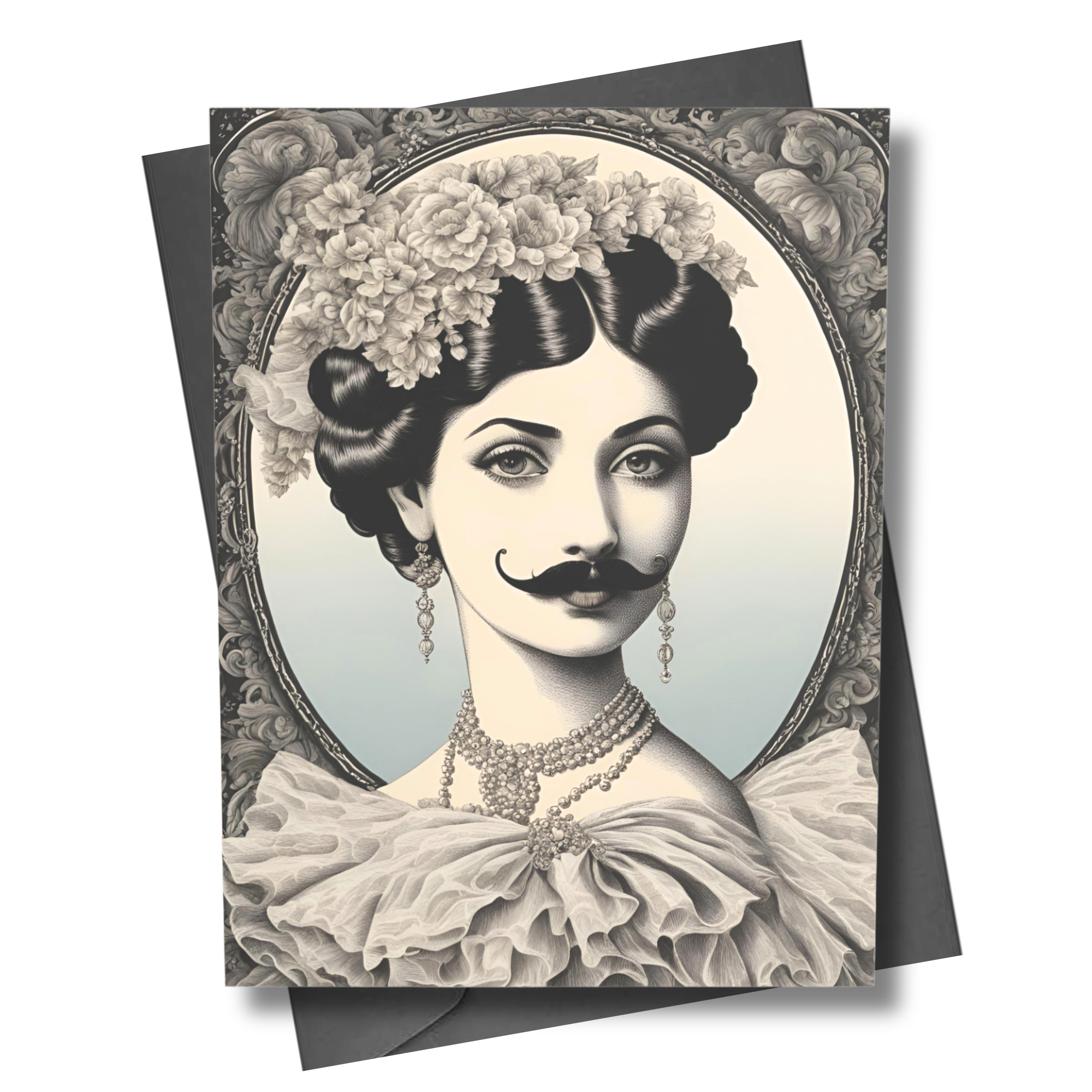Vintage-style greeting card with a woman's portrait and floral headpiece on a white background