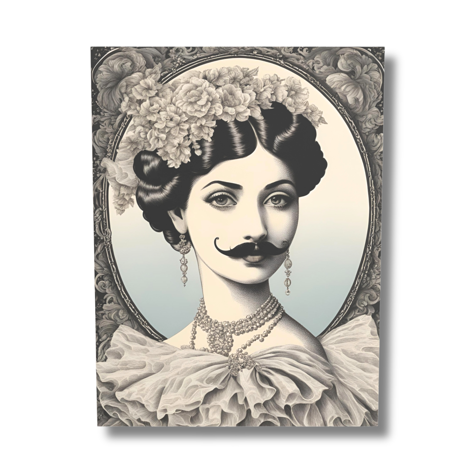 Vintage-style portrait of a woman with a mustache and decorative frame on a white background.