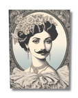 Vintage-style portrait of a woman with a mustache and decorative frame on a white background.