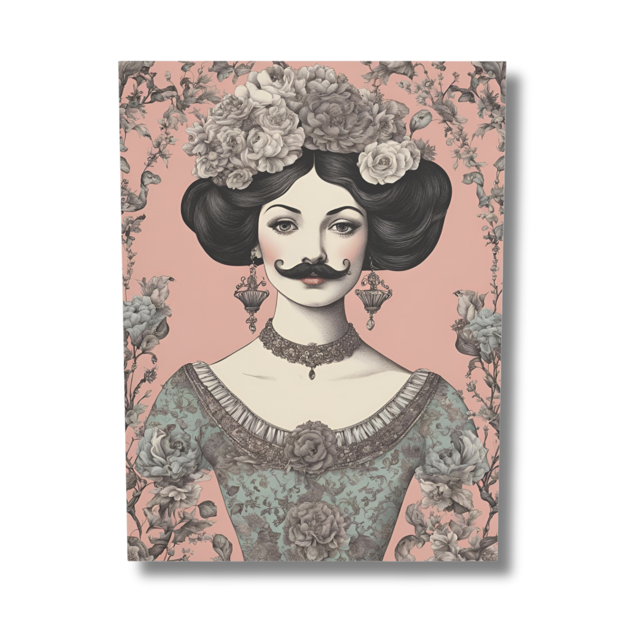 Vintage-style illustration of a woman with a mustache on a floral background