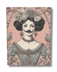 Vintage-style illustration of a woman with a mustache on a floral background
