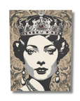 Artistic depiction of a woman wearing a crown with intricate patterns in the background