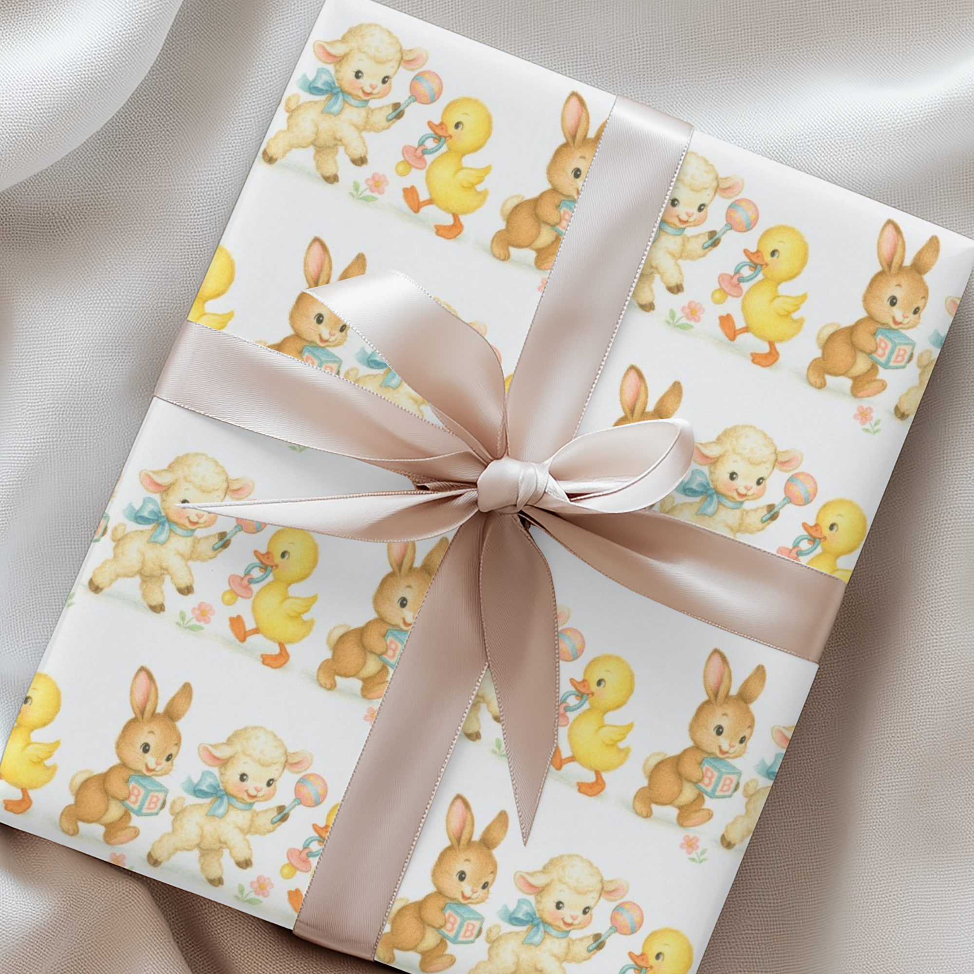Bunny lamb and duckling baby wrapping paper, 1950s style storybook illustration in pastels.