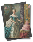 Greeting card with a vintage-style illustration of a woman in an elegant dress next to a cake, with text 'Let Us Eat Cake'.