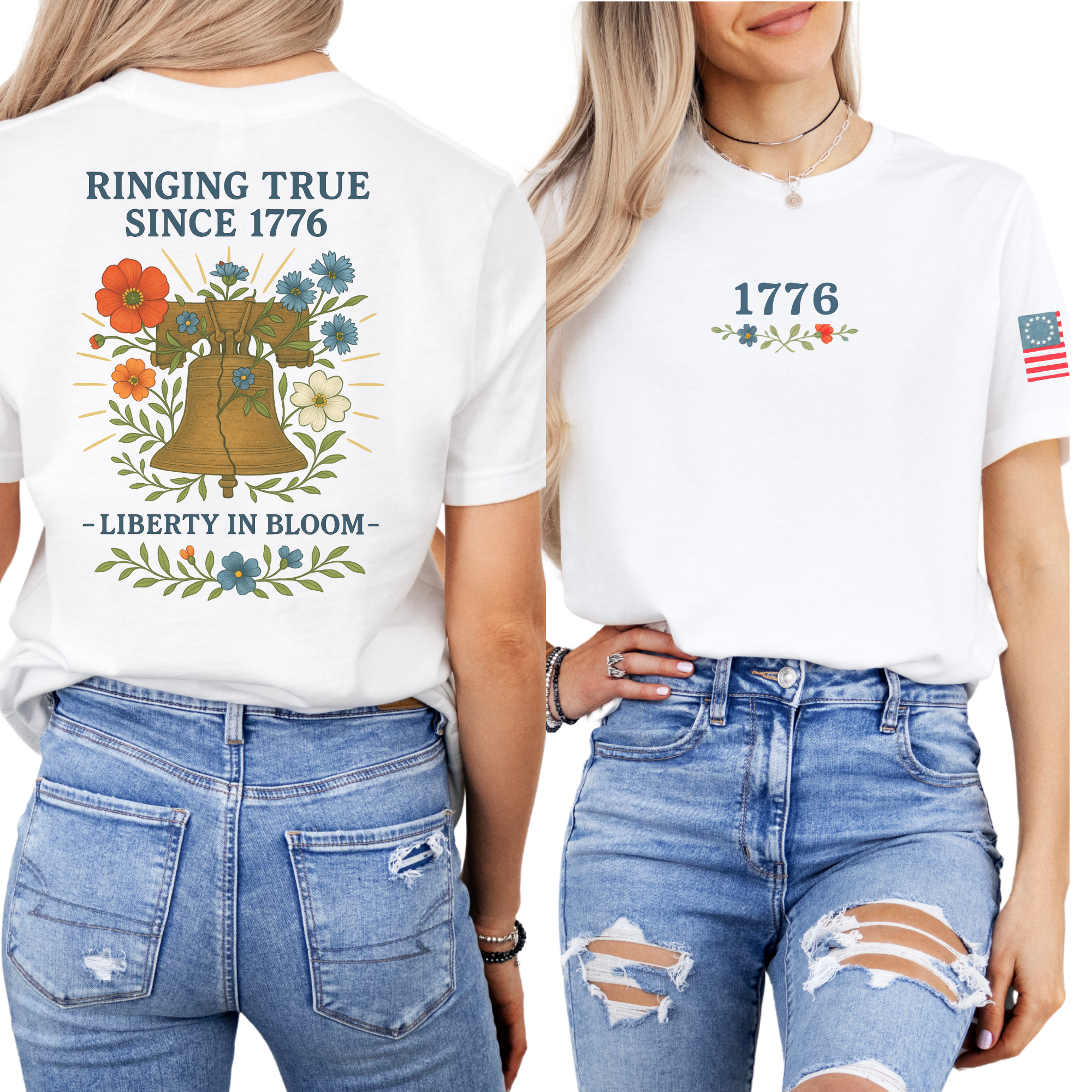 Two views of a white t-shirt with 'Ringing True Since 1776' design, featuring a bell and floral elements.