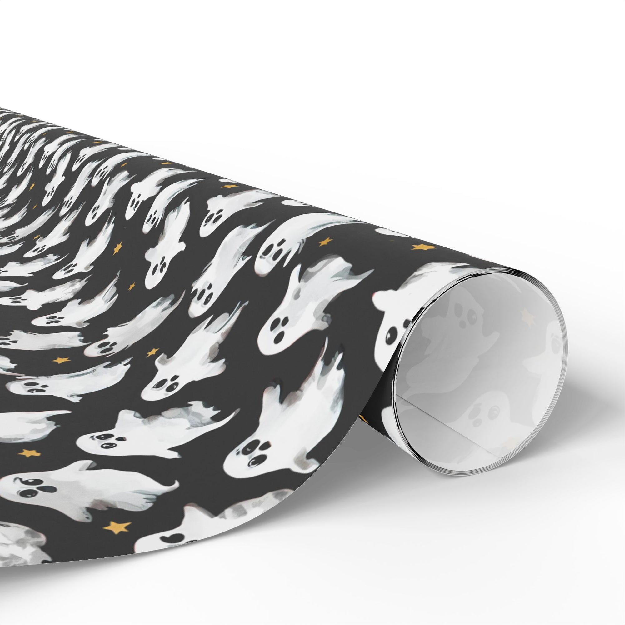 Roll of black wrapping paper with white ghost pattern on a white background
