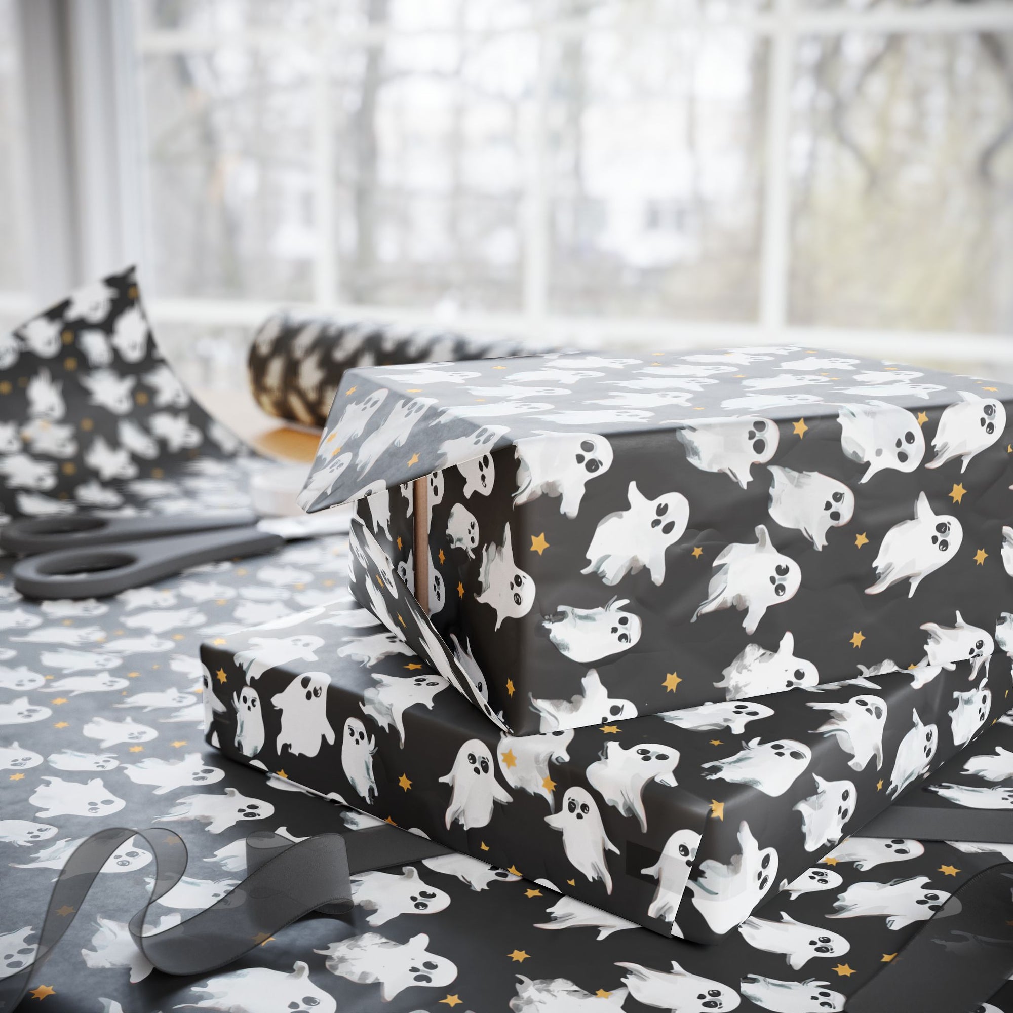 Gift wrap with ghost pattern and stars on a dark background