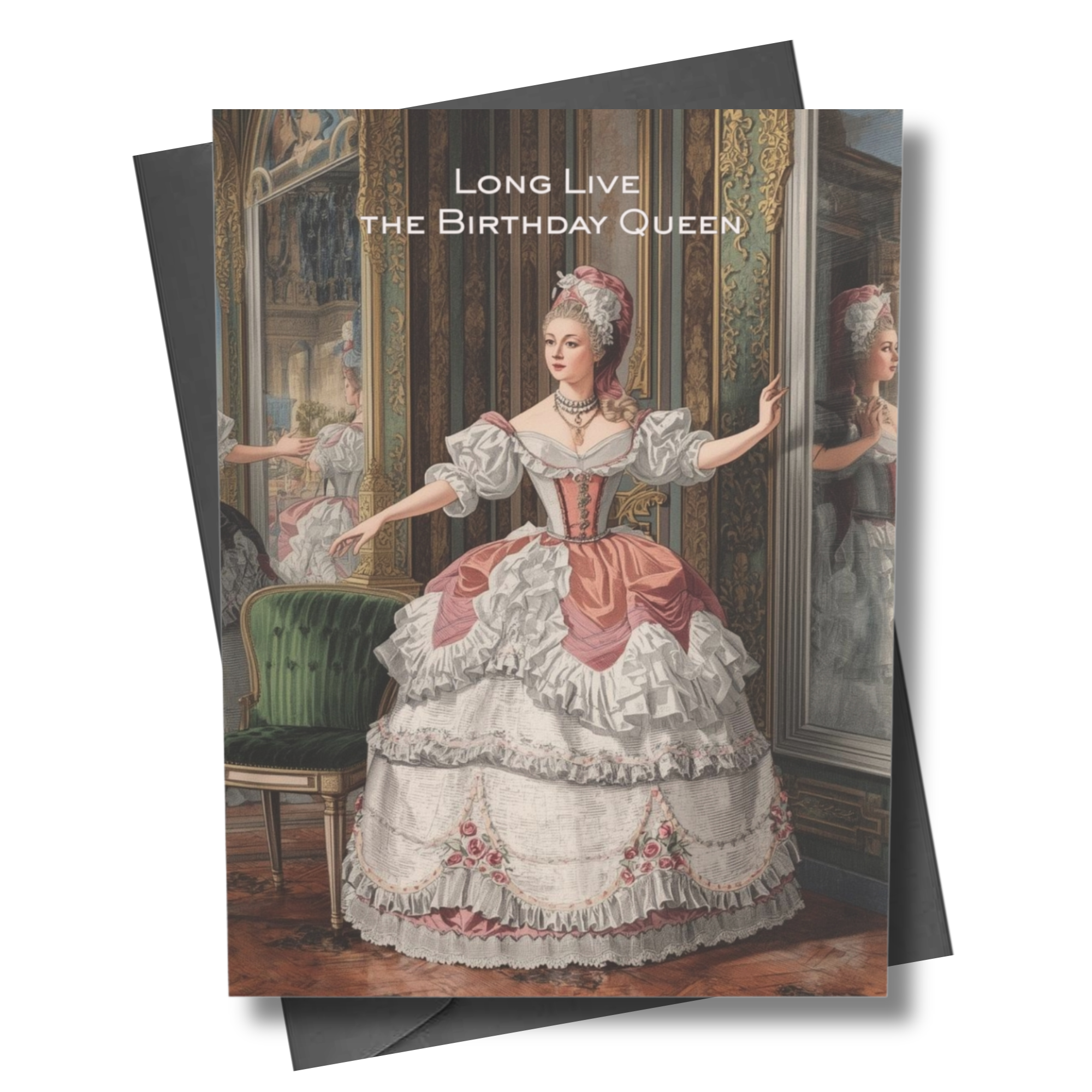 Vintage Rococo illustration of a powdered wig queen in an ornate Versailles palace reading Long Live the Birthday Queen.