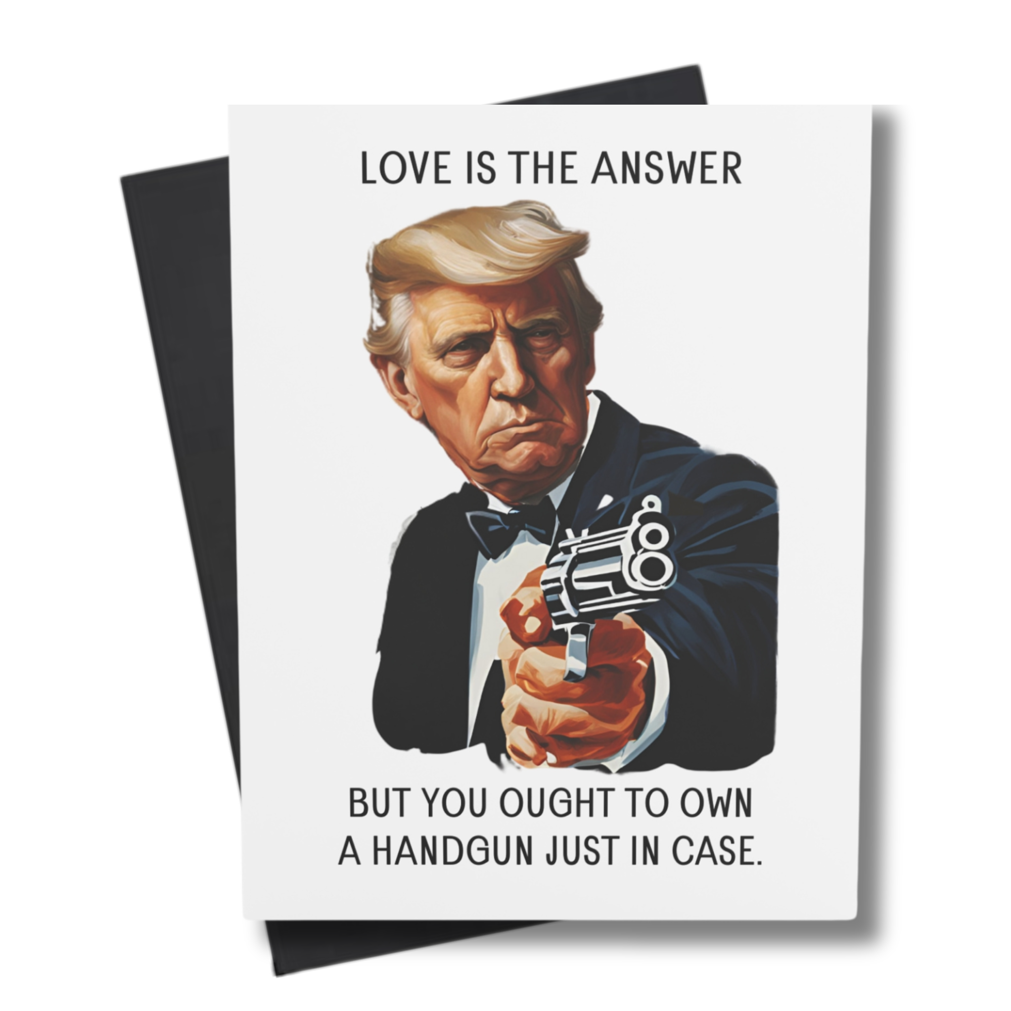 greeting card of an illustrated version of the president in a tux holding a gun with the text love is the answer but you ought to own a handgun just in case