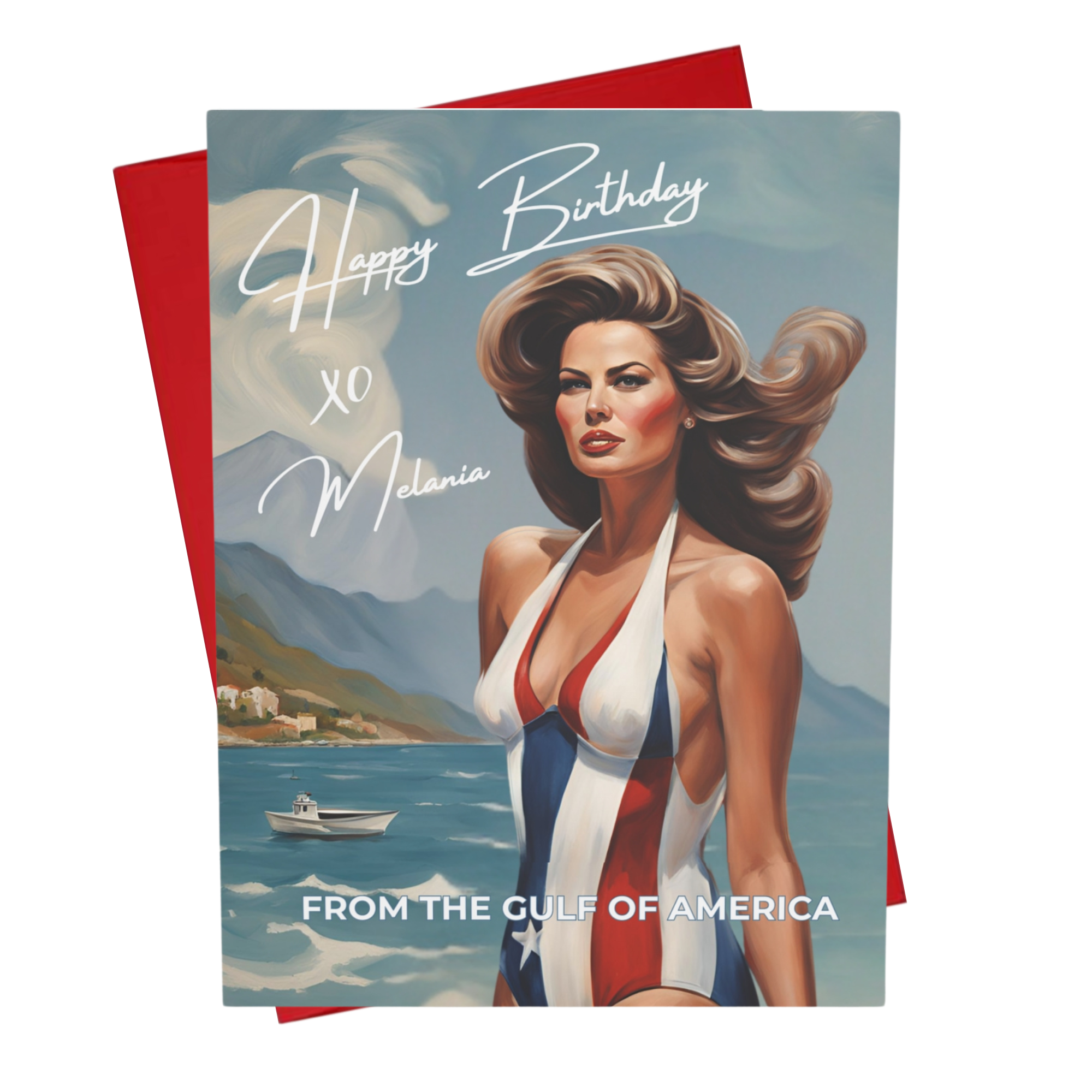 Greeting card with a stylized illustration of a melania inspired woman in a patriotic swimsuit, set against a scenic image of the gulf of america