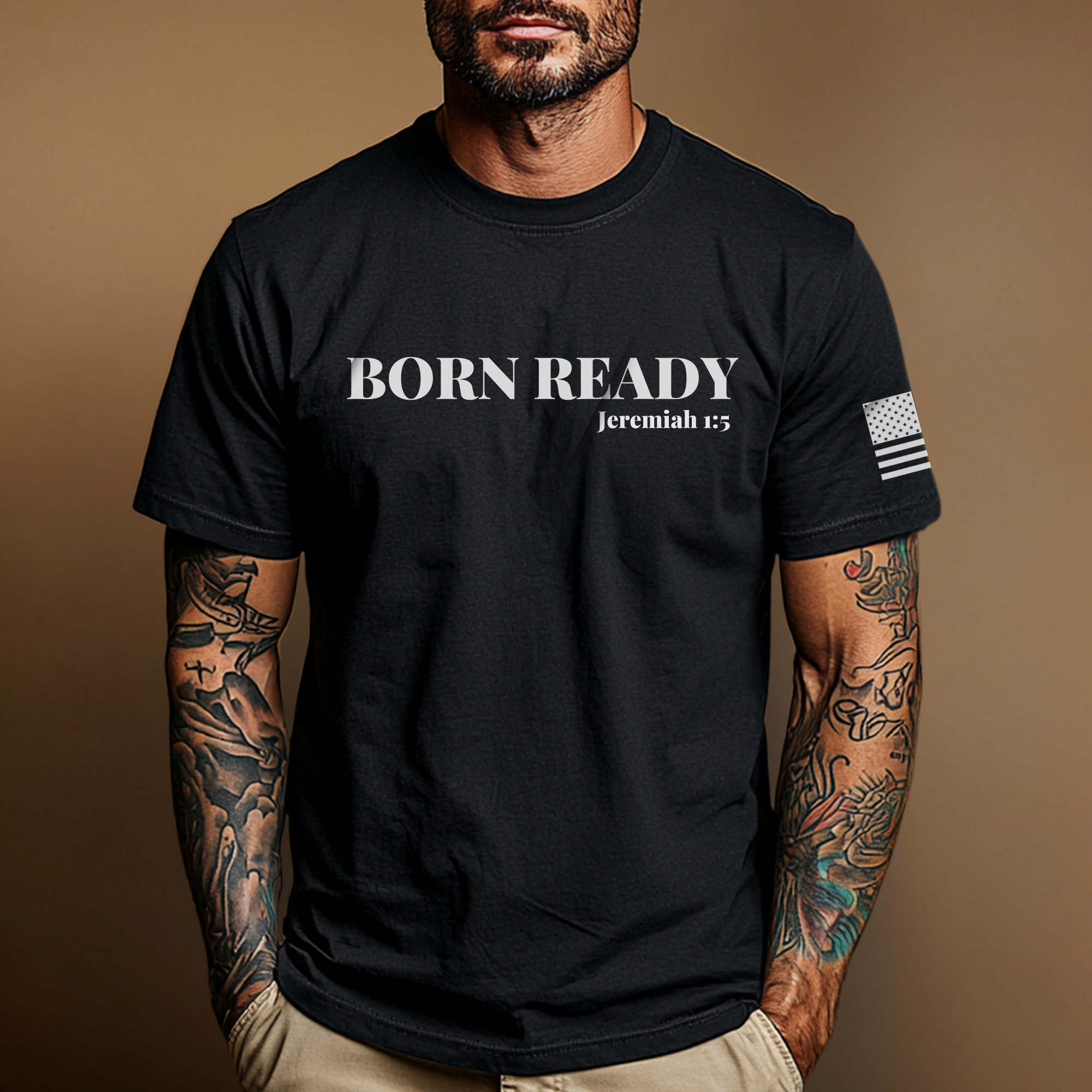 Man wearing a black t-shirt with 'Born Ready' text and bible verse 'Jeremiah 1:5