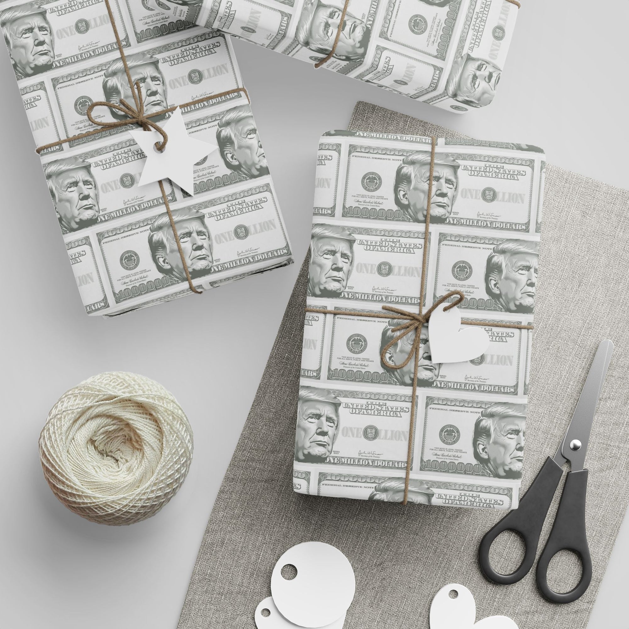 Million dollar bill themed political wrapping paper featuring a high-roller POTUS design top