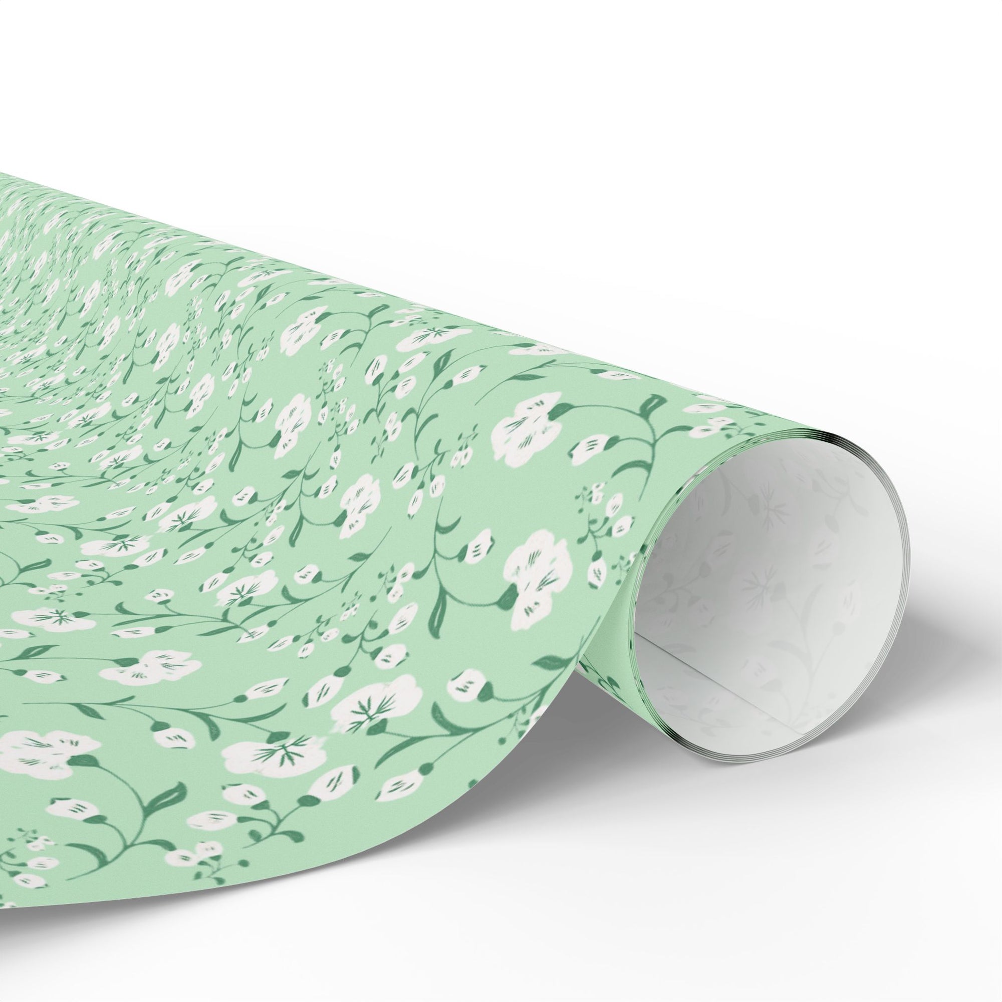  Vintage mint green floral wrapping paper with white blossoms and green vines 