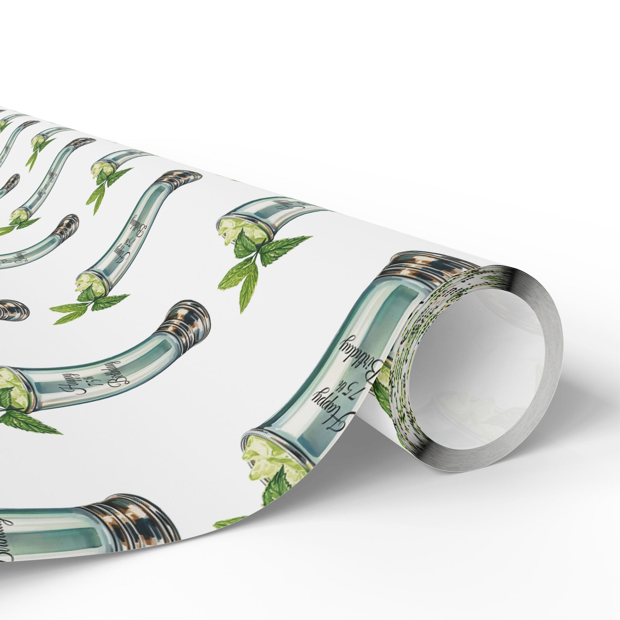wrapping paper with a pattern featuring a mint julep in silver cup and a sprig of mint.