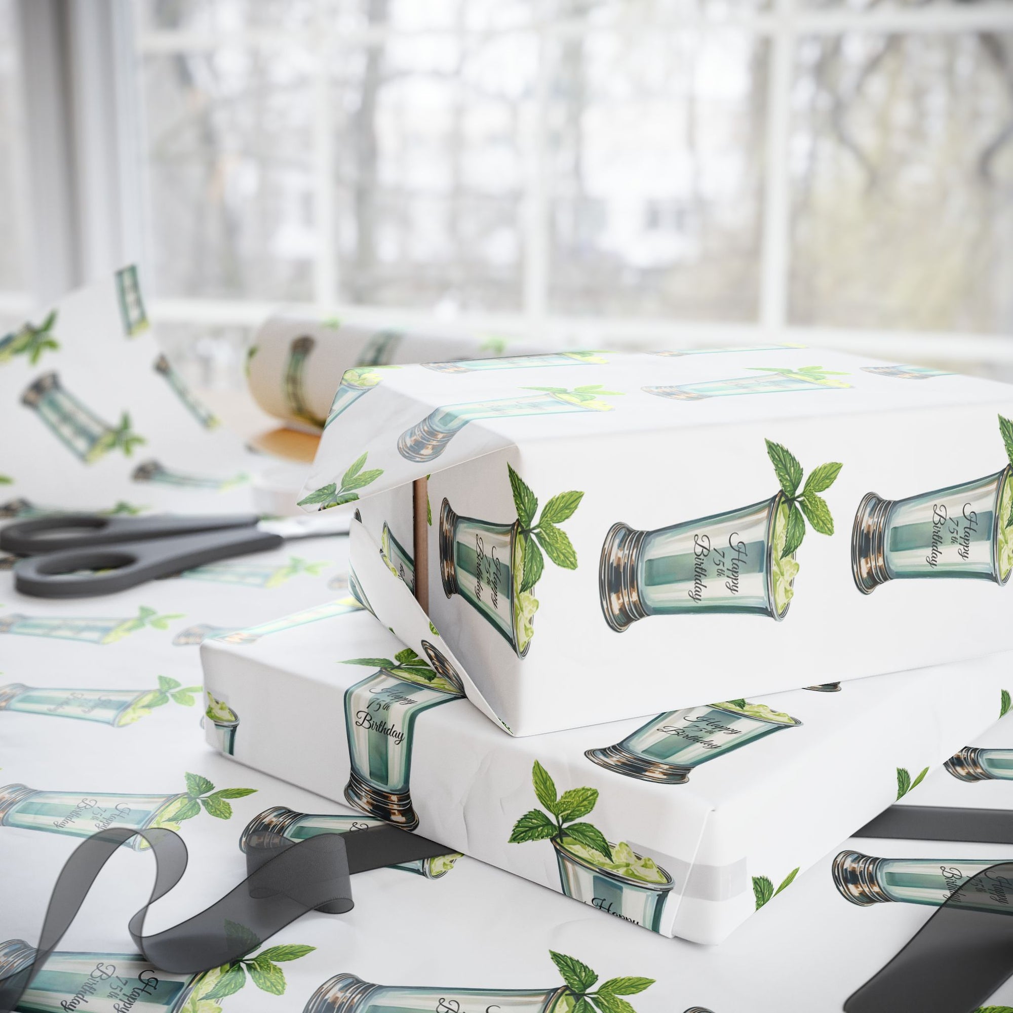 wrapping paper with a pattern featuring a mint julep in silver cup and a sprig of mint.