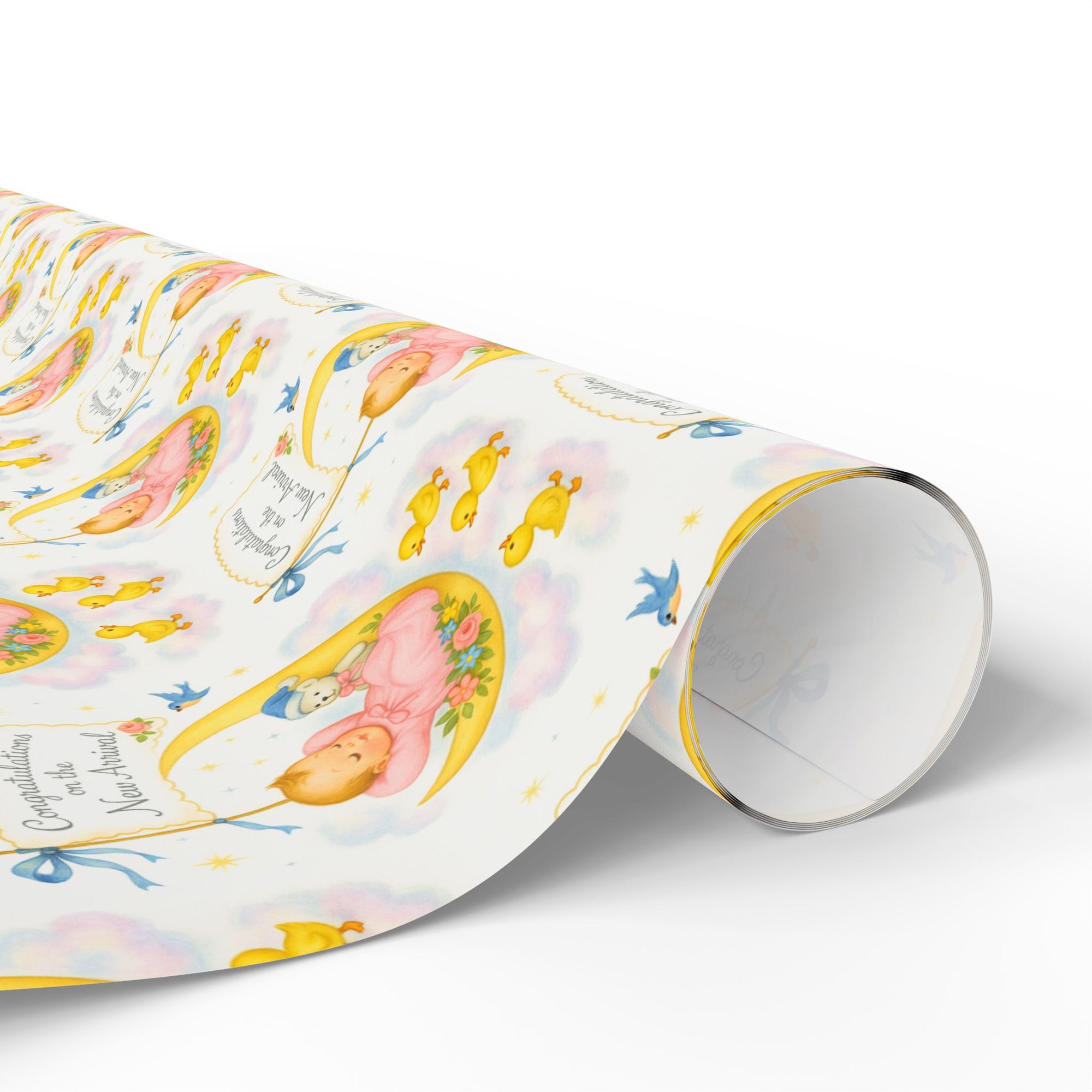 Wrapping paper roll in baby theme in sweet pastels.
