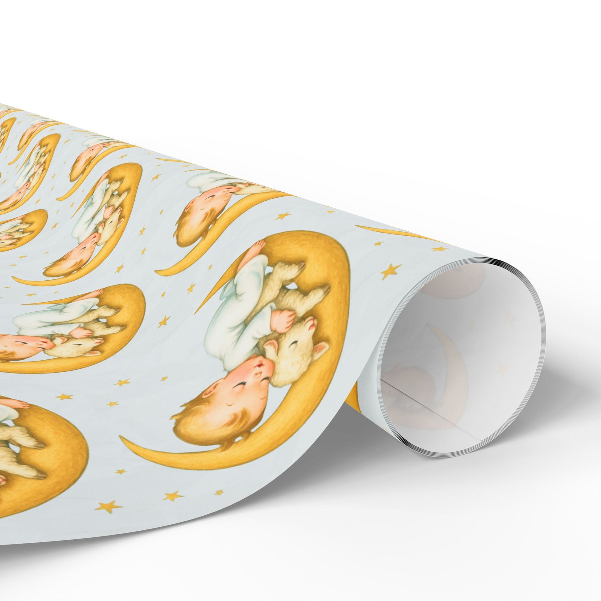 Roll of wrapping paper with baby and lamb on a moon design