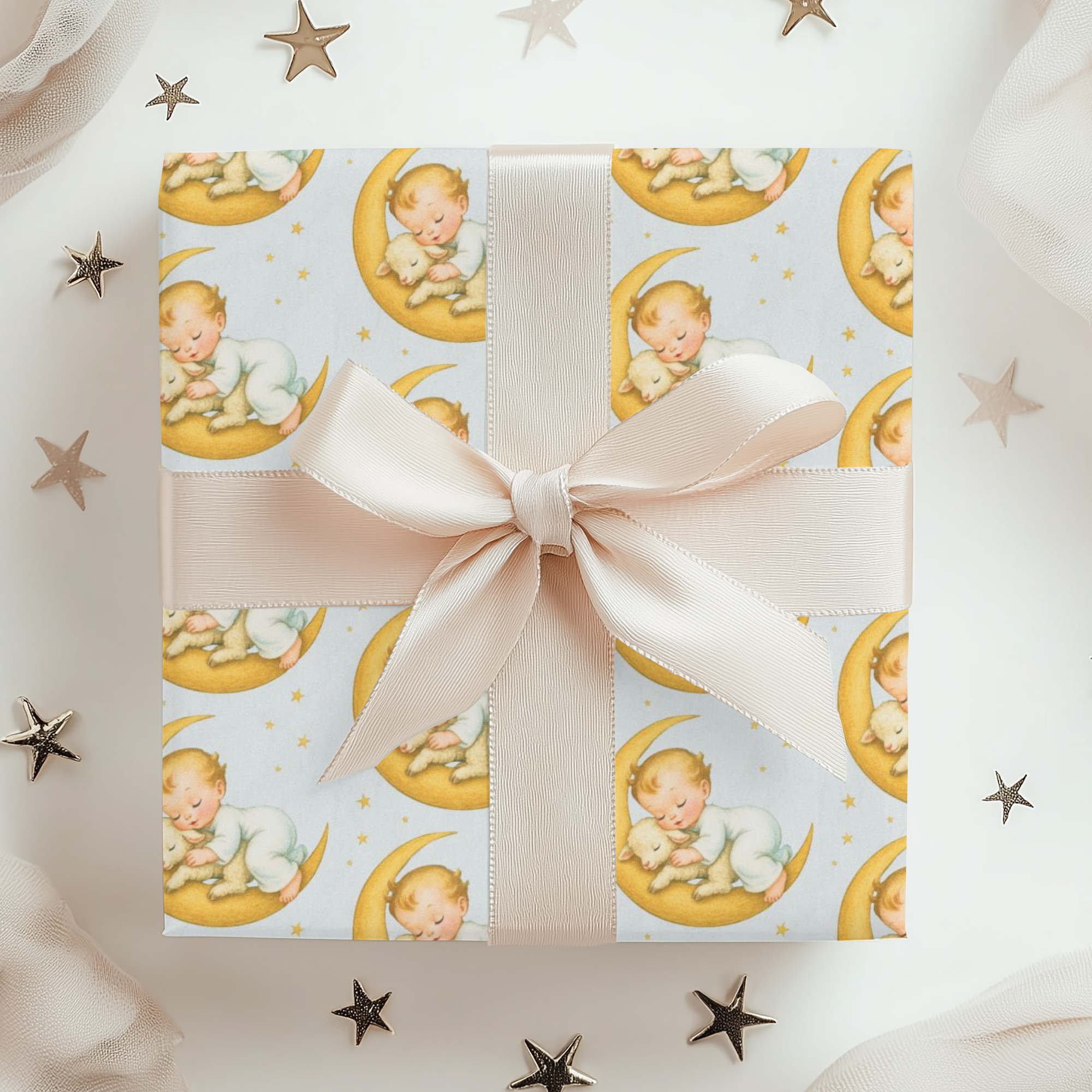Gift box wrapped with patterned paper and a bow, surrounded by decorative stars.