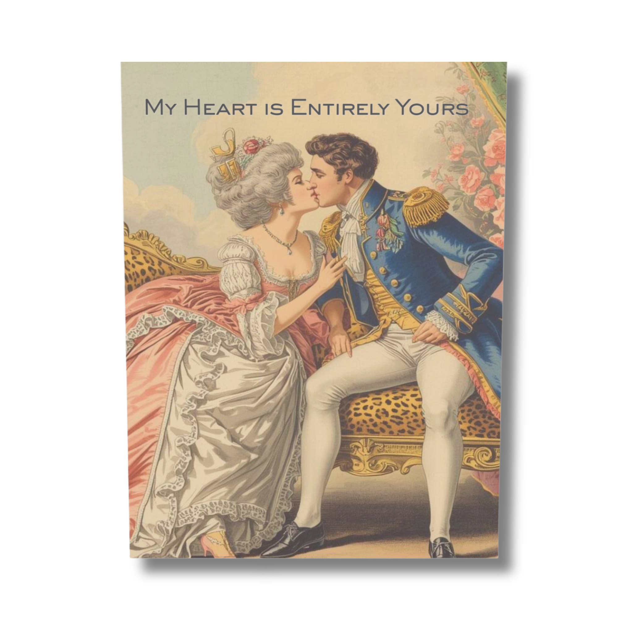 Vintage-style illustration of a couple kissing with 'My Heart is Entirely Yours' text.