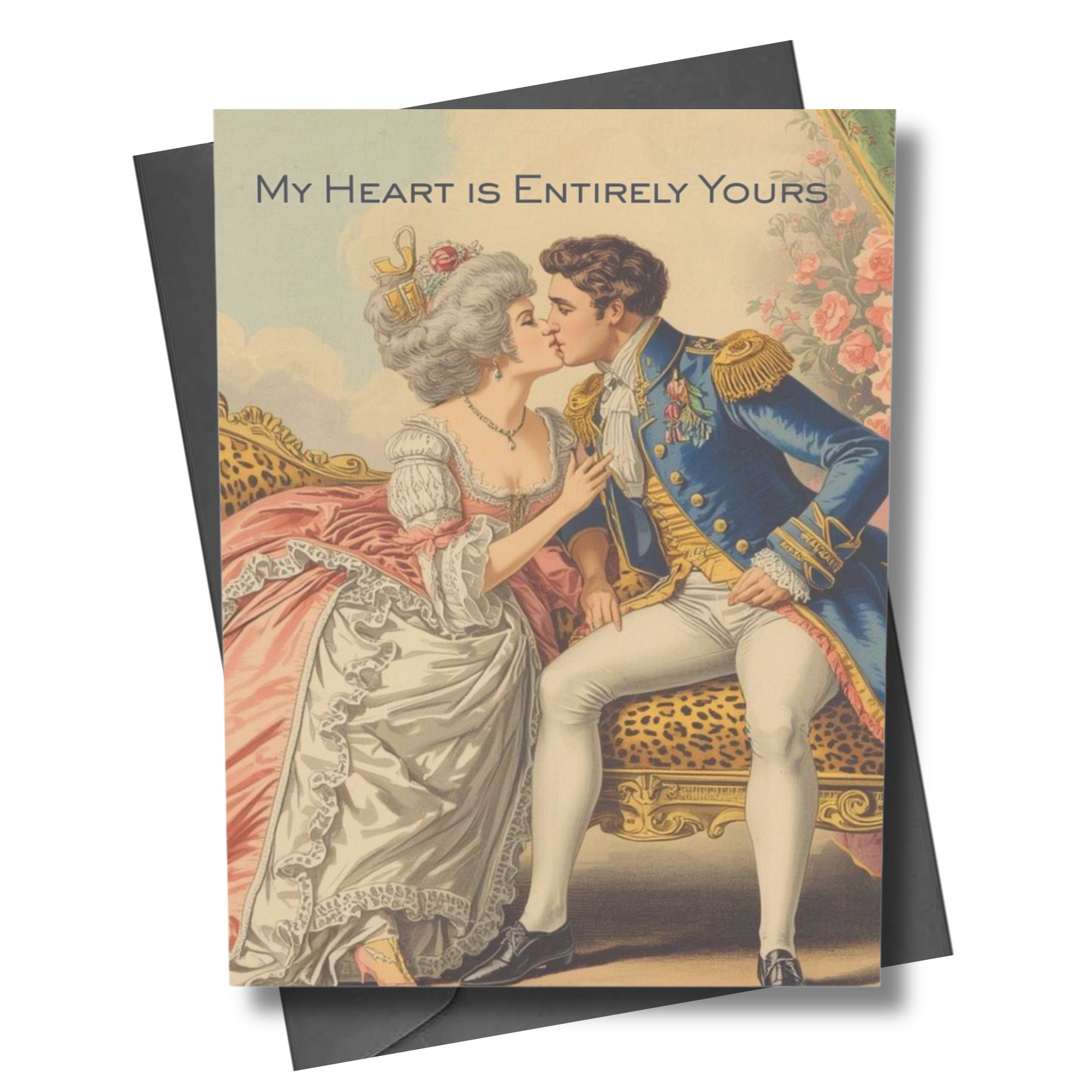 Vintage-style card with a couple in formal attire and the text 'My Heart is Entirely Yours'.