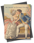 Vintage-style card with a couple in formal attire and the text 'My Heart is Entirely Yours'.