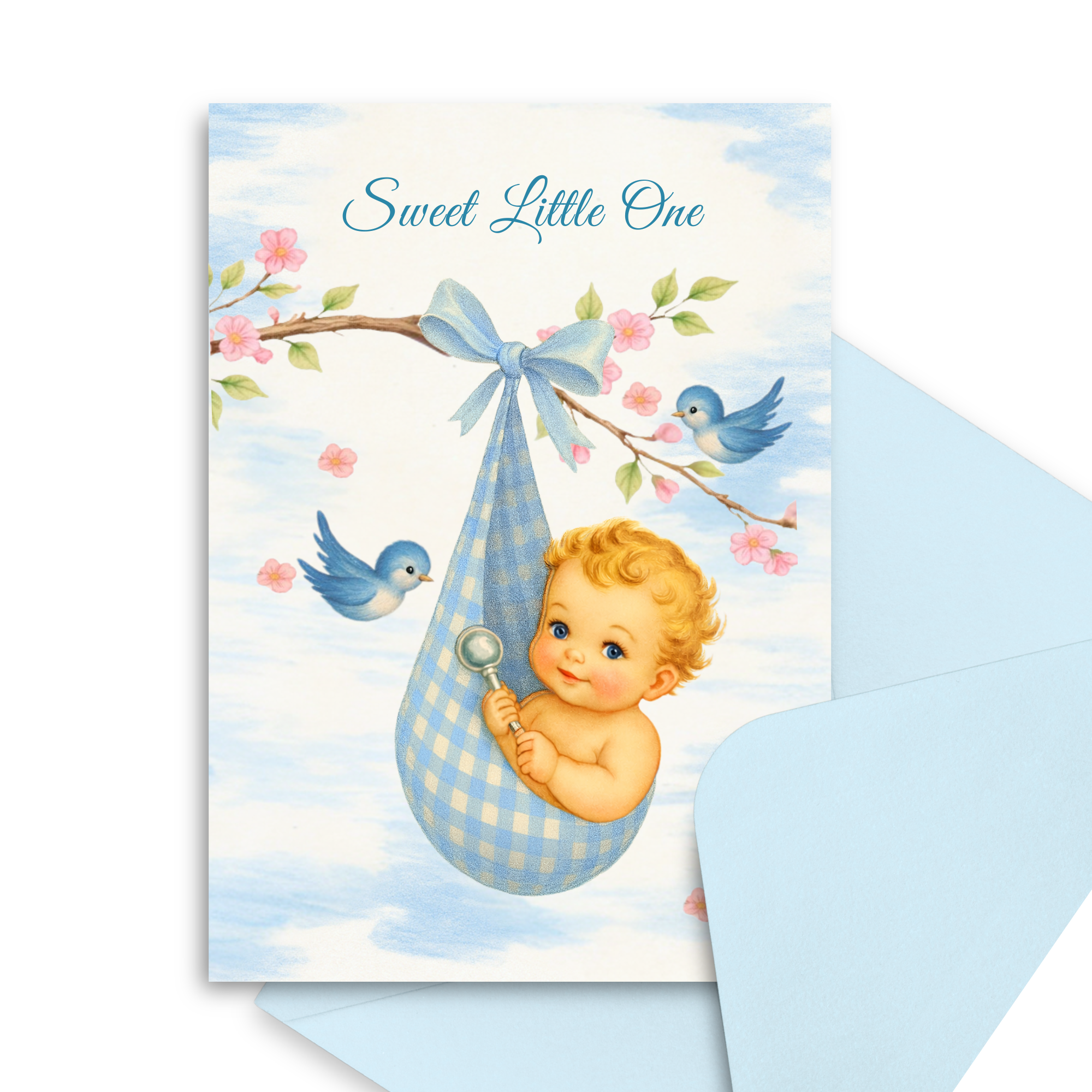 New baby card with a baby in a blue checkered sling, birds, and cherry blossoms on a light blue background.