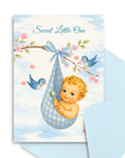New baby card with a baby in a blue checkered sling, birds, and cherry blossoms on a light blue background.