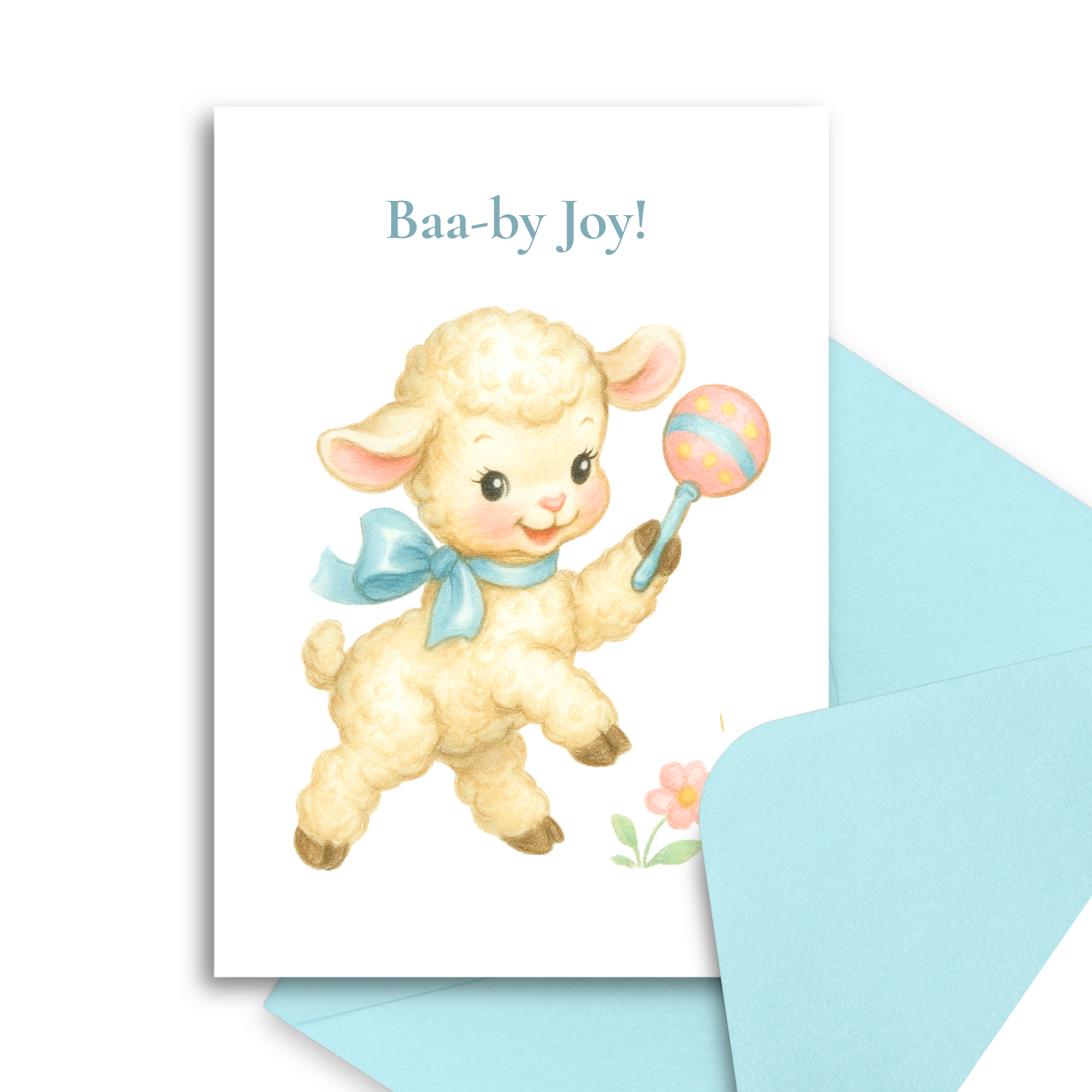 New baby greeting card with a lamb holding a rattle and 'Baa-by Joy!' text, featuring a matching blue envelope.