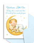 Greeting card for new baby on a crescent moon holding a lamb, with text 'Welcome, Little One'.