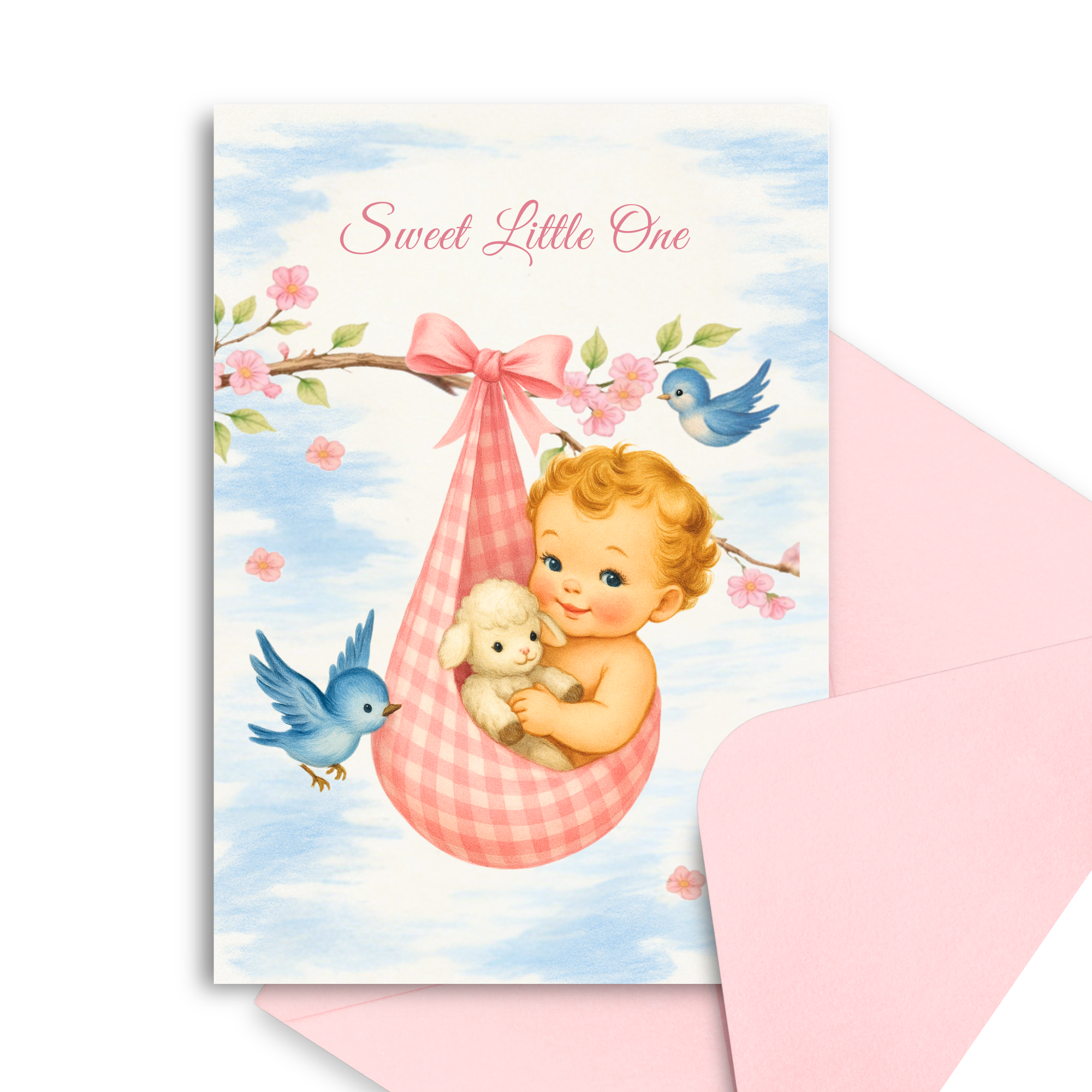 Baby shower card with a baby in a pink hammock, birds, and flowers on a blue sky background.