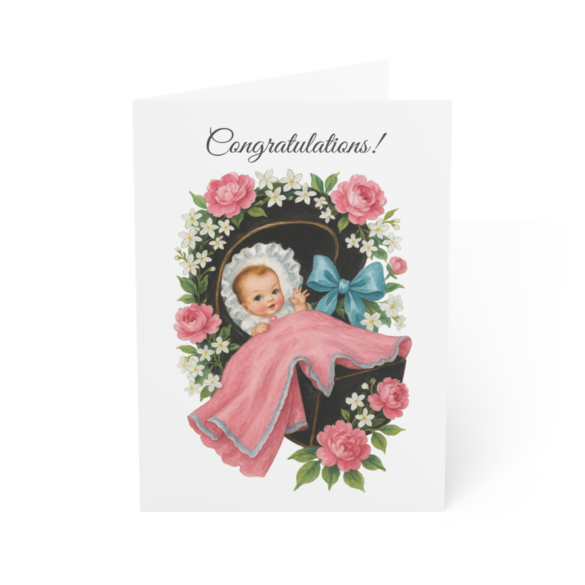 Baby shower card with a vintage-style illustration of a baby in a crib surrounded by flowers and the word 'Congratulations'.