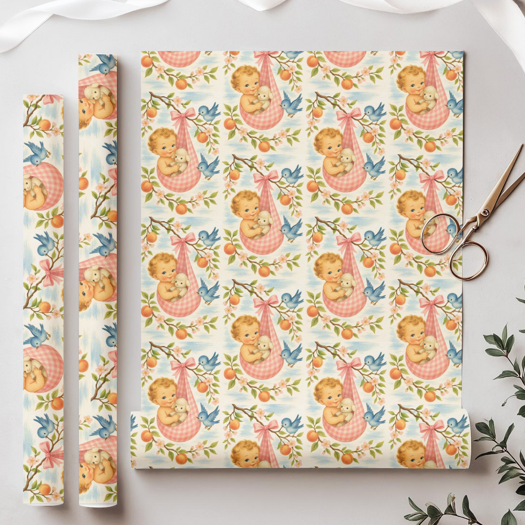 vintage style baby shower wrapping paper with peach blossoms and bluebirds