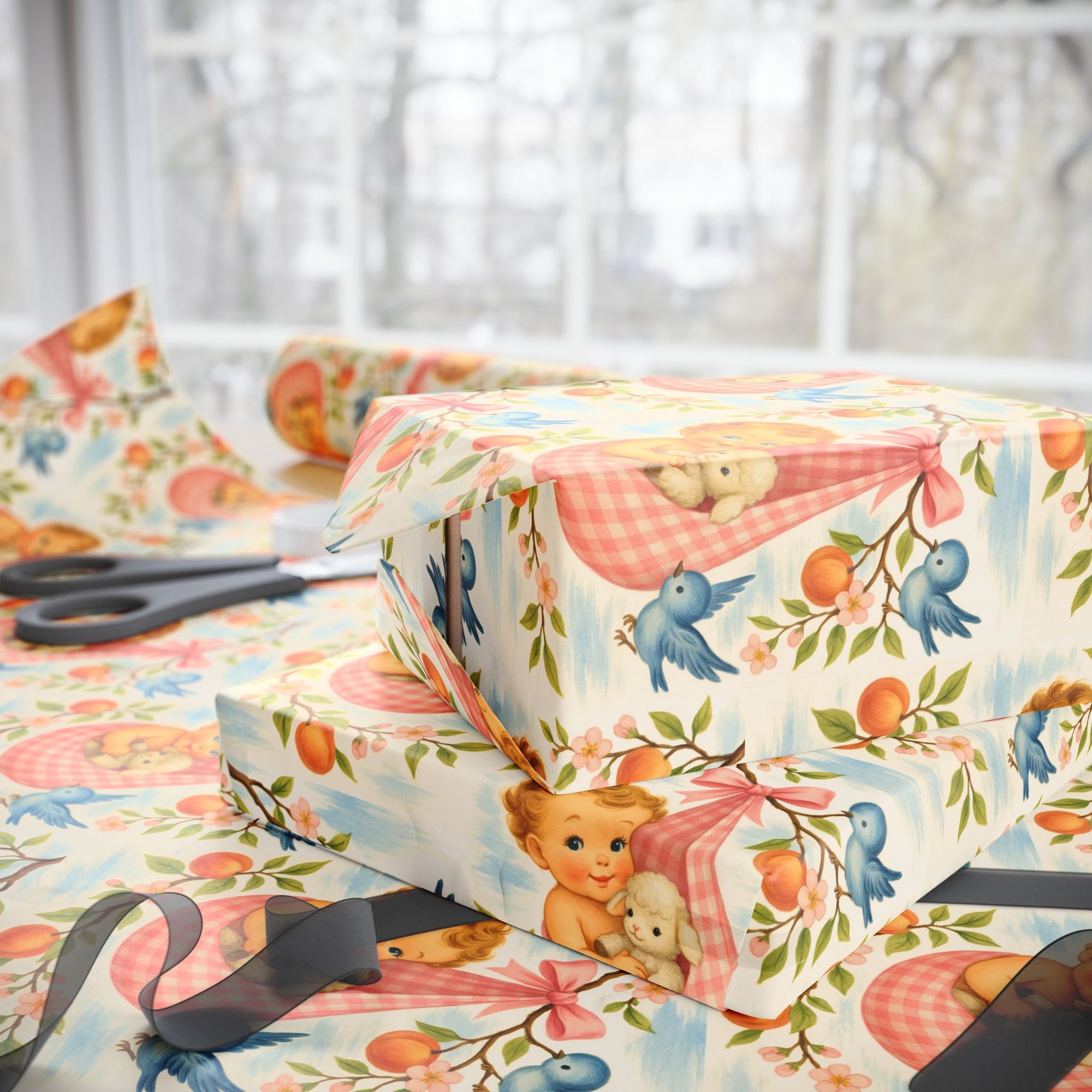 vintage style baby shower wrapping paper with peach blossoms and bluebirds stacked on table
