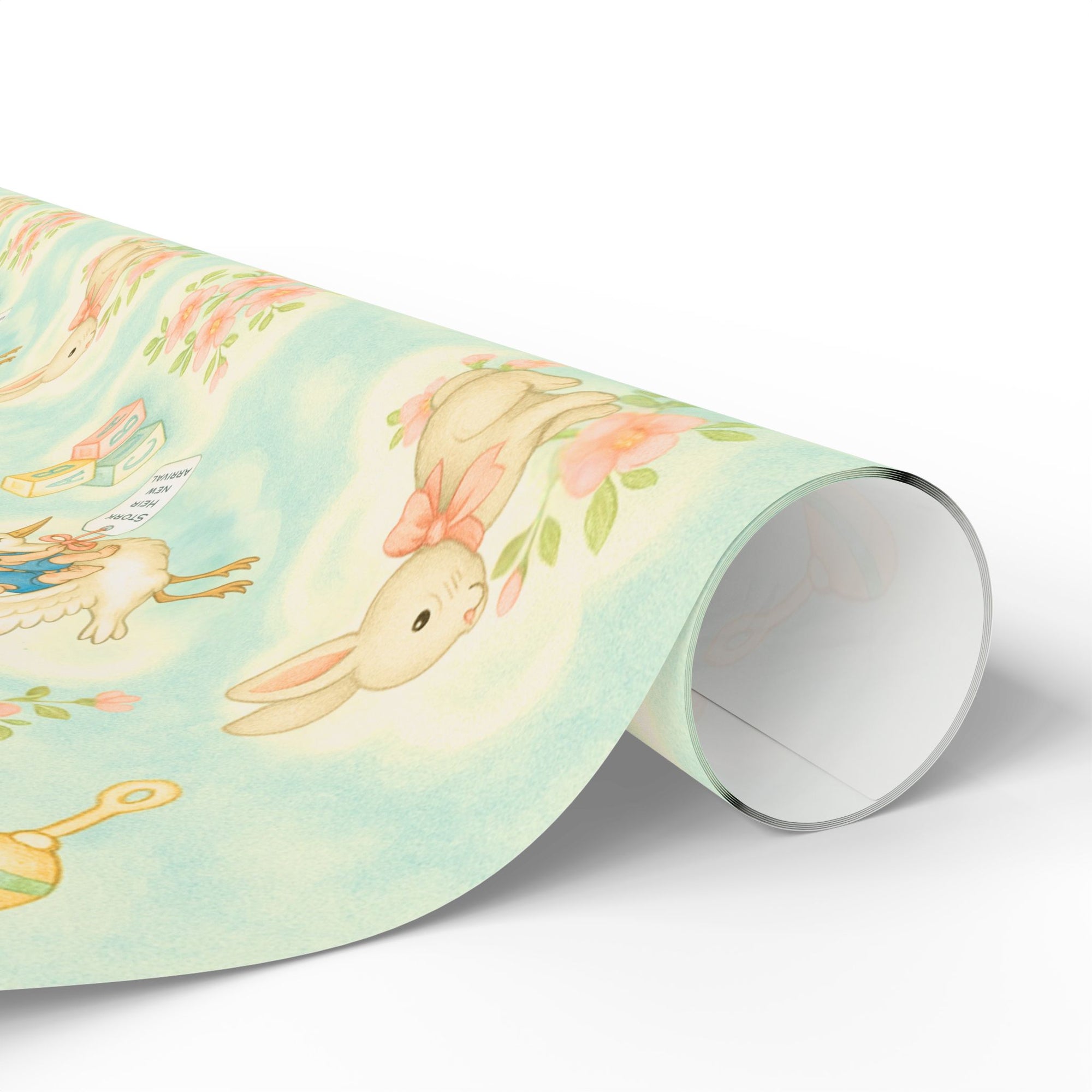 Vintage baby shower wrapping paper with stork, lamb, bunny &amp; toys