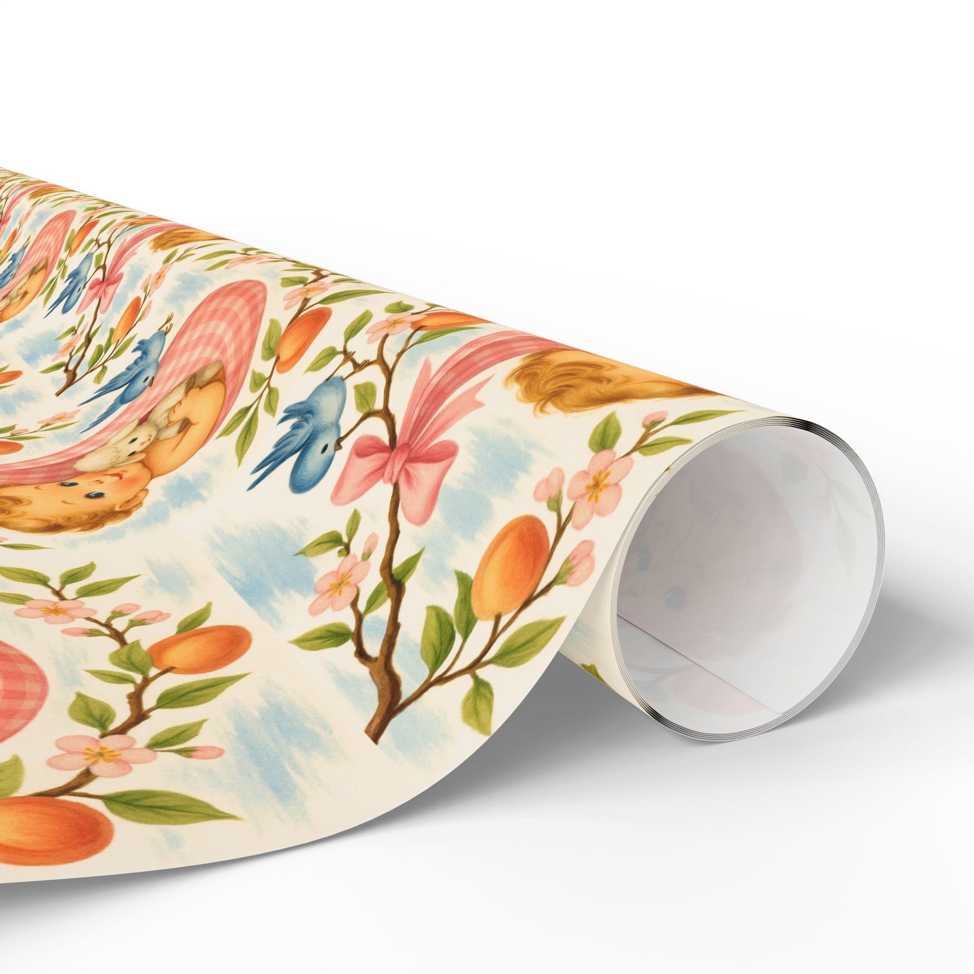 Roll of vintage style baby shower wrapping paper with peach blossoms and bluebirds